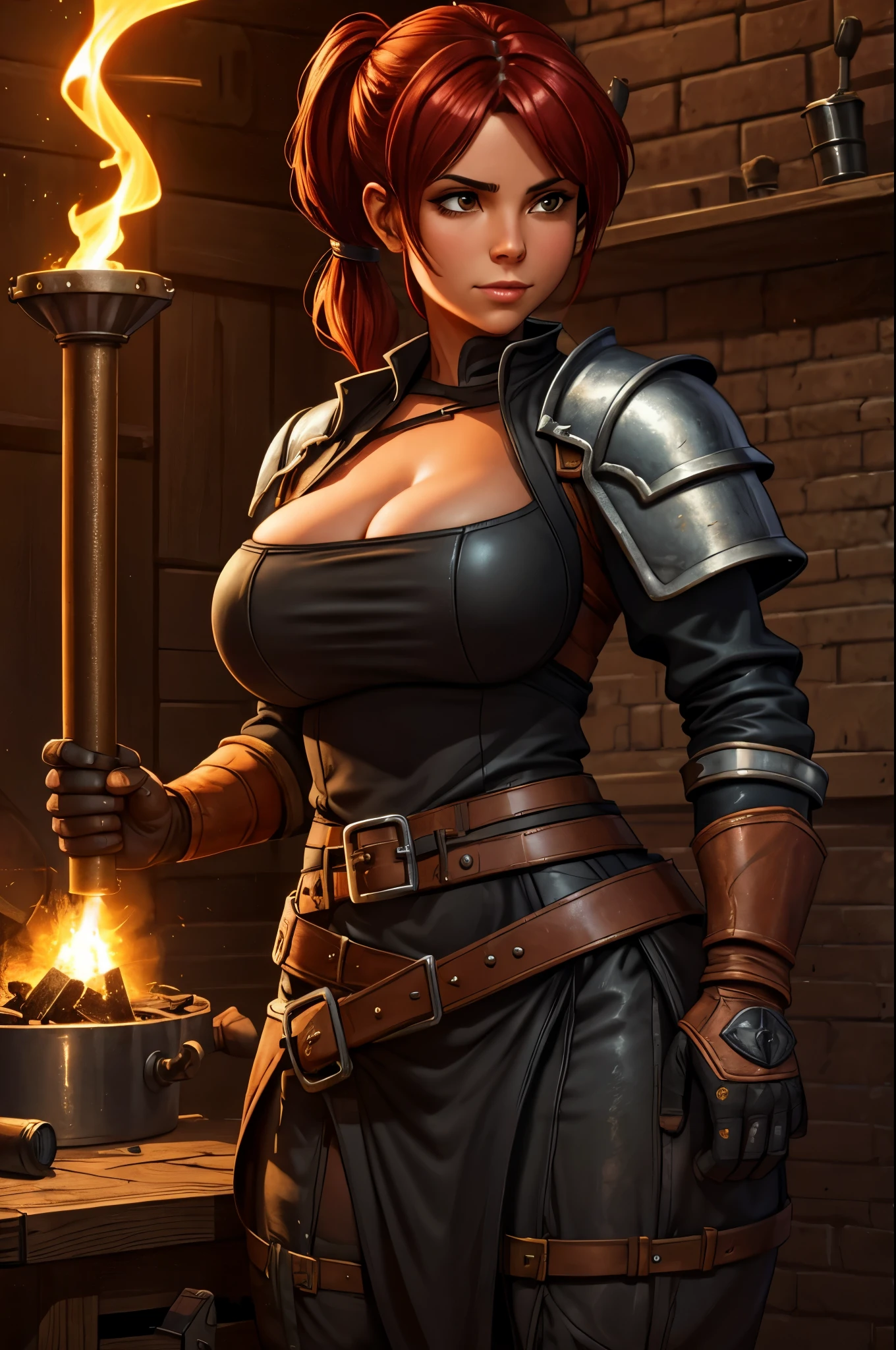 8K,blacksmith dwarf woman with a large hammer,large full breasts,black and brown costume,Real skin,Fantasyart,character art,Background with(blacksmith equipment)超A high resolution,A hyper-realistic,kiln,