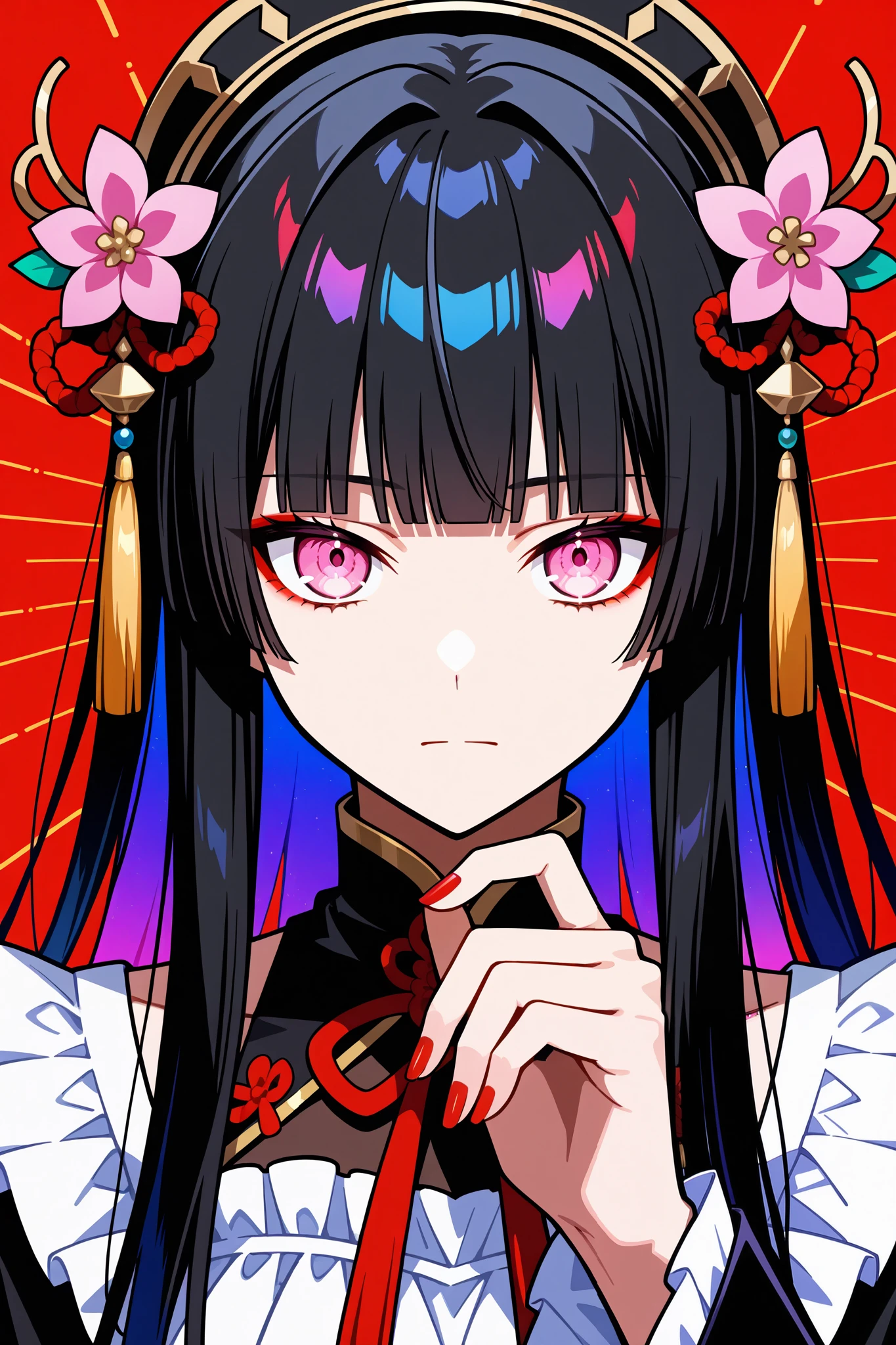woman, solo, red nails, looking at viewer, bangs, pink eyes, long hair, nail polish, black hair, hair ornament, hand up, flower, blunt bangs, closed mouth, tassel, ribbon, portrait, colorful, red background, frills, multicolored hair, upper body, fingernails