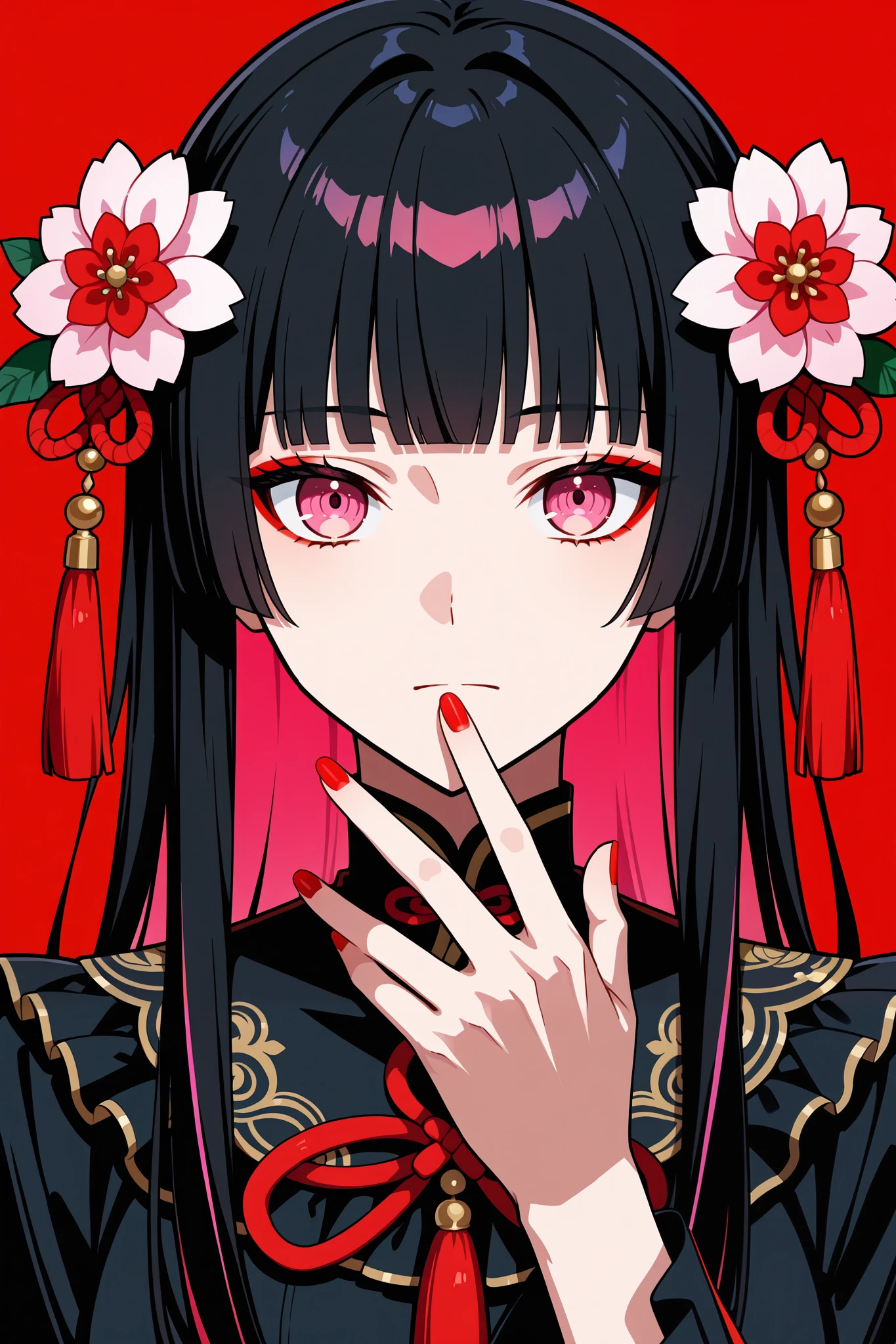 woman, solo, red nails, looking at viewer, bangs, pink eyes, long hair, nail polish, black hair, hair ornament, hand up, flower, blunt bangs, closed mouth, tassel, ribbon, portrait, colorful, red background, frills, multicolored hair, upper body, fingernails