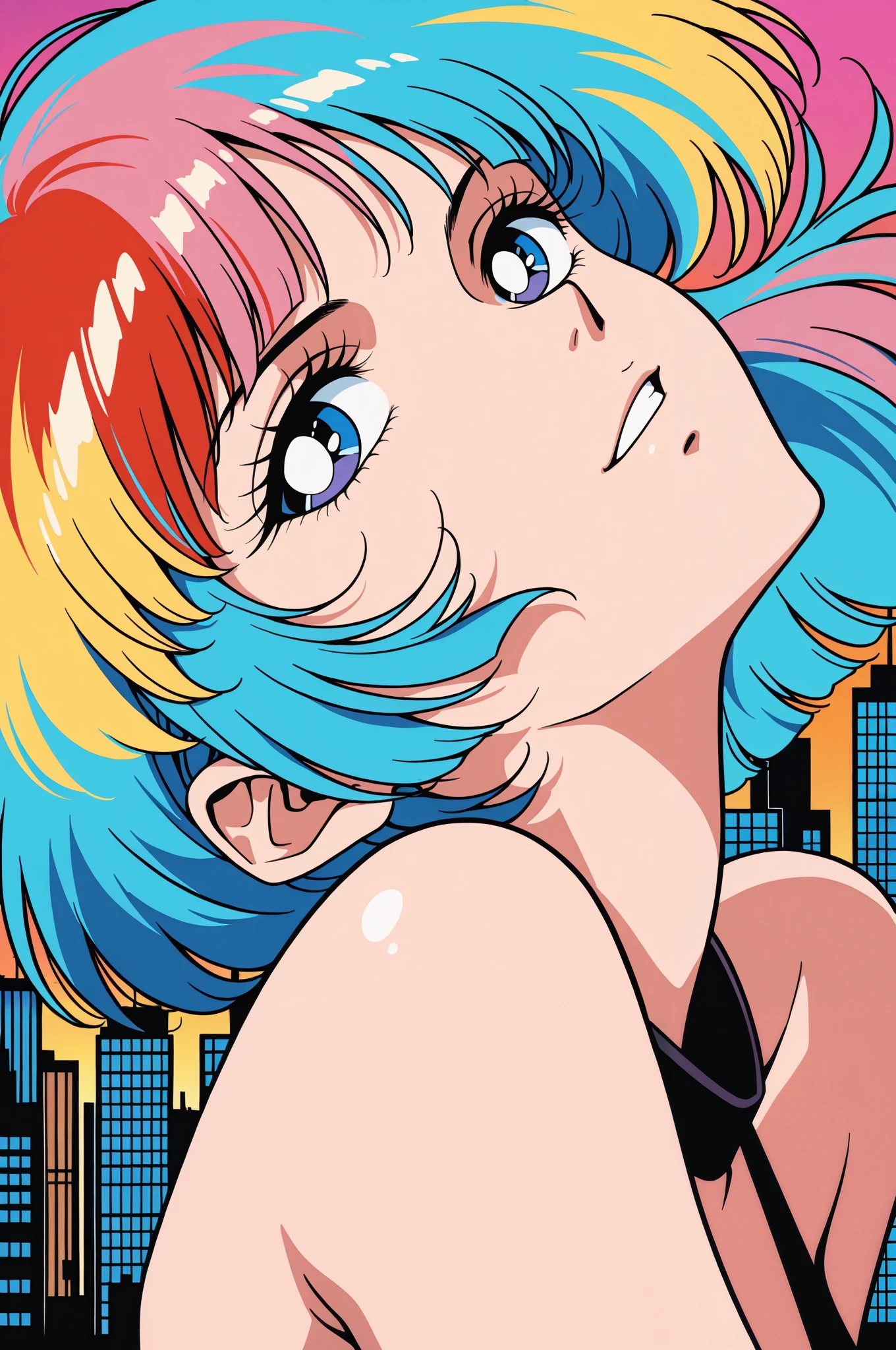 (highest quality:1.2, City Pop Style, Very detailed, up to date, Vibrant, High Contrast, masterpiece:1.2, highest quality, Best aesthetics), 1woman, ((Face Up Shot:1.4)), Colorful Hair, himecut, pastel colour, 1980s style, ((Retro, Vintage, Solid color background))