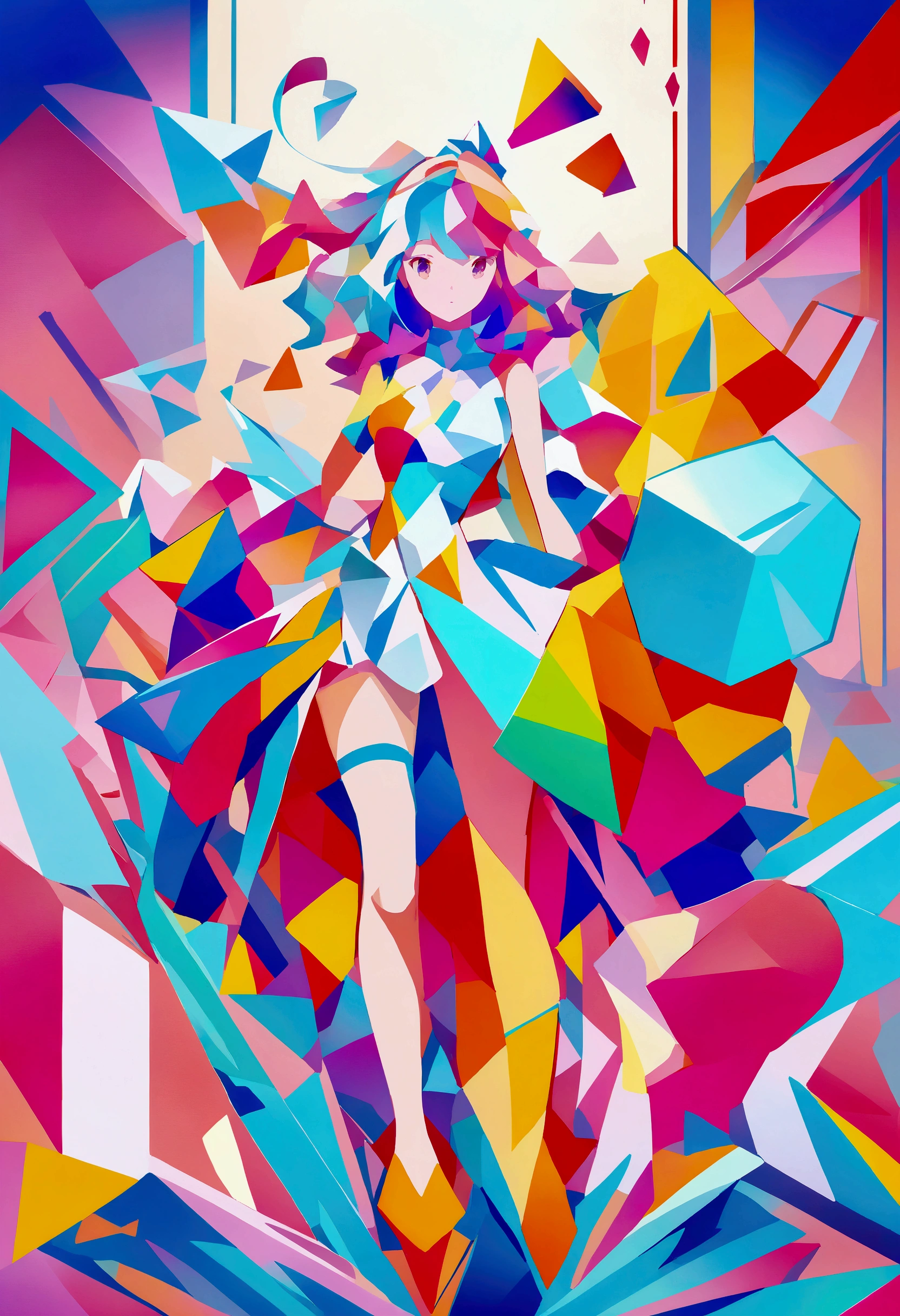 minimalistic girl flying through a wave of cubes, perspective, epic, colorful, cover art, cinematic, trippy, retro