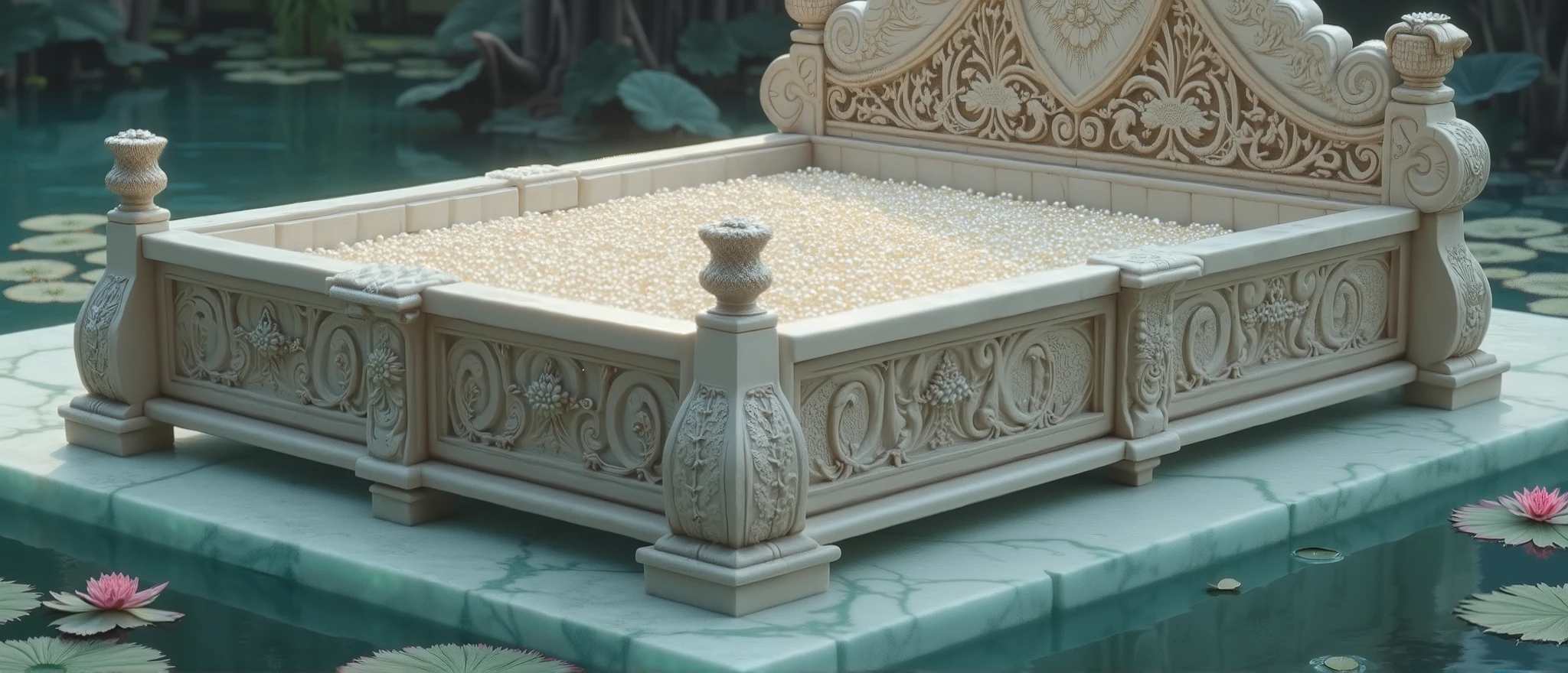 Create an intricately designed, opulent ancient Indian marble bed floating in the middle of pool with a regal and luxurious appearance. The bed should be adorned with elaborate intricate ancient Indian carvings and decorations, featuring Indonesian mythical winged creatures yali such as lions at the corners. The headboard must display highly detailed floral and scrollwork patterns, contributing to the overall grandeur. The bed itself should be filled with a large quantity of pearls, adding a lavish and fantastical element. The bed setup in the middle of huge pond with a serene water adorned with lotus flowers, creating a dreamlike and ethereal atmosphere. The entire scene should combine elements of fantasy, luxury, and tranquility, making it visually captivating and unique.