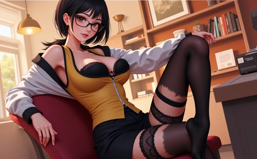 Masterpiece, Best quality, Miss Pauline, Glasses, Purple shirt, Open shirt, Black bra, cleavage, pencil skirts, Pantyhose, High heels, view the viewer, arms behind head, Sitting, lounge room