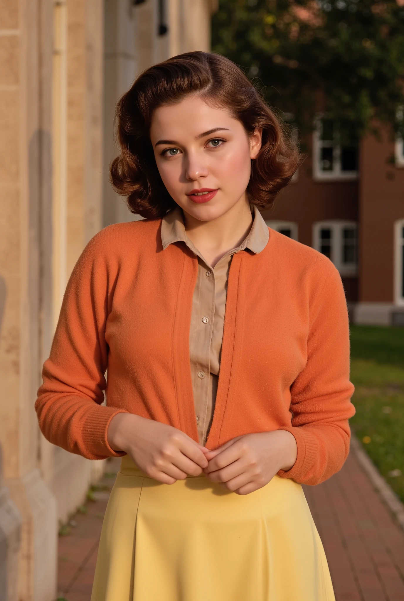 a young woman with dark red hair, blue eyes, dressed in 50s style clothing, solid-colored blouse and orange cardigan sweater, yellow skirt to knees, pretty face, 20 years old, university campus, 50s, attractive girl, cute face, slightly waivy hair, slim waist, medium breasts, detailed facial features, beautiful eyes, high quality, photorealistic, cinematic lighting, 8k, detailed skin, intricate hairstyle, warm color tones,