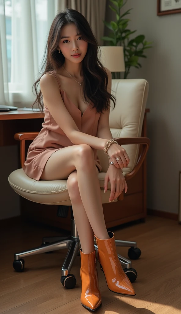 (RAW shooting, Photoreal:1.5, 8k, highest quality, masterpiece, ultra high resolution), perfect dynamic composition:1.2, Highly detailed skin and facial textures:1.2,beautiful and aesthetic:1.2,(low angle:1.2,full body:1.2), Fair skin, (large breast:1.4, Chest gap:1.4),(perfect limbs:1.2), (perfect fingers:1.2),(connie,caucasian,1girl, tall,makeup:1.2,(sitting:1.2,chair:1.2,legs crossed:1.2),long ginger hair,hair band,earrings,necklace,tight tied shirt,short sleeves,navel,belt:1.2,tight pants:1.2,(red pants:1.2,short pants:1.2),perfect thigh:1.4,sandals),(simple background:1),