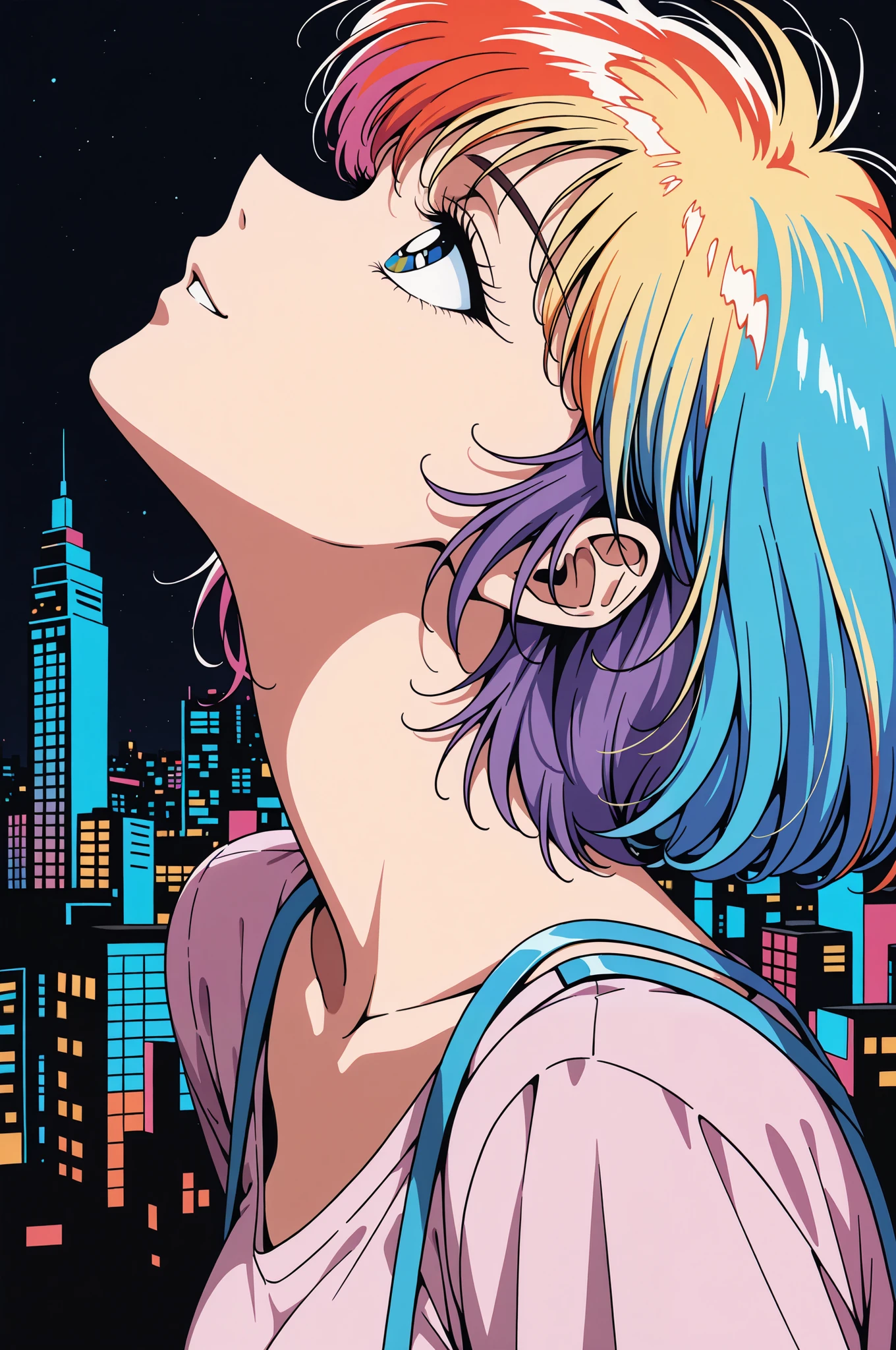 (highest quality:1.2, City Pop Style, Very detailed, up to date, Vibrant, High Contrast, masterpiece:1.2, highest quality, Best aesthetics), 1woman, ((Face Up Shot:1.4)), Colorful Hair, himecut, pastel colour, 1980s style, ((Retro, Vintage, Solid color background))