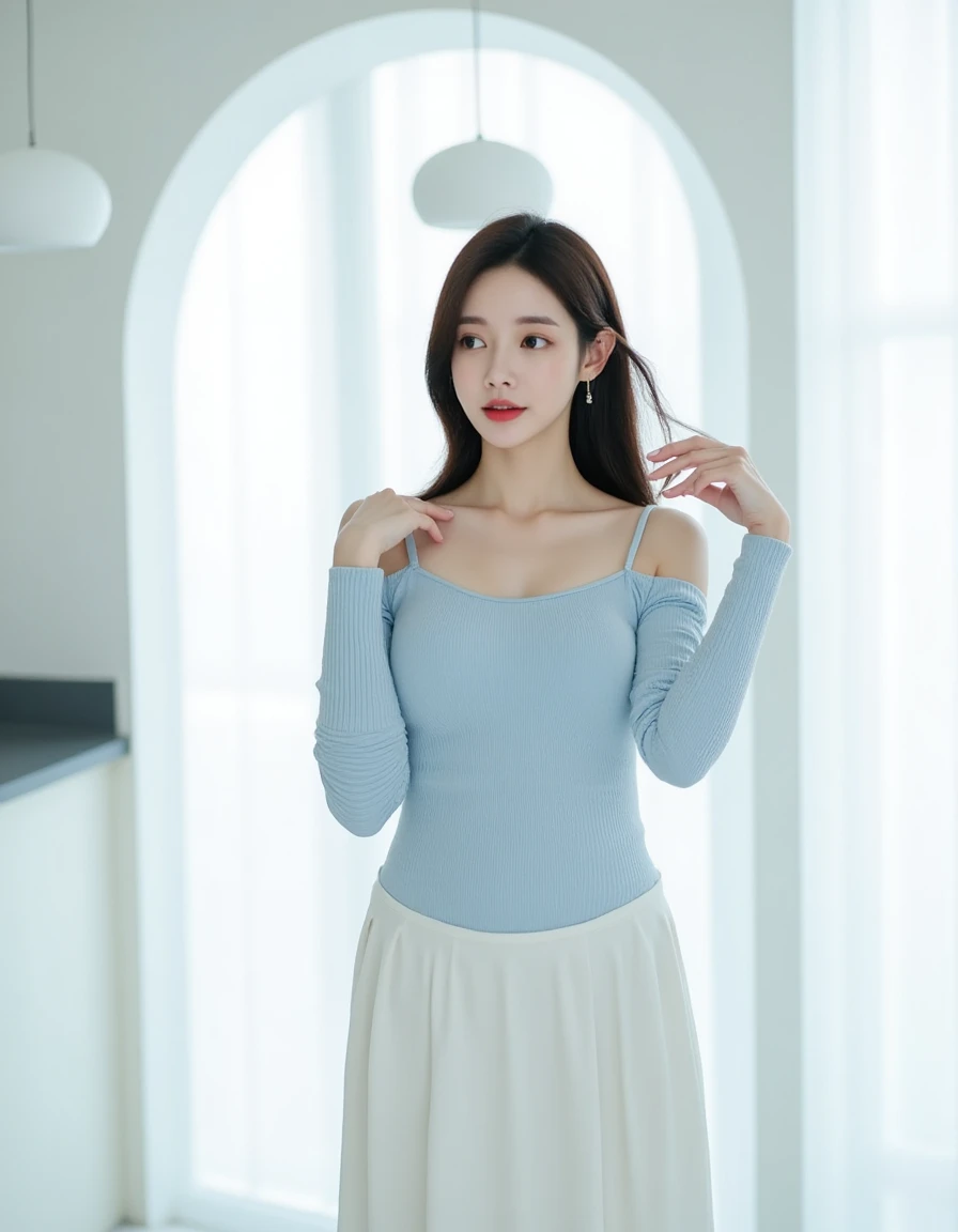 Korean women, goddess, long hair, delicate skin texture and cloth texture, delicate eyes, long eyelashes, double eyelids, upper body, hotel, 8k, highest image quality, masterpiece, super high resolution: 1.2, beautiful female photo with theme of girly elegant style, Araki in dress, (zettai ryouiki), simple cut dress, cashmere fabric, feminine in cute pastel tones, feminine in pastel tones, wearing smooth dresses, pastel tones, soft colors, Light color clothing, pastel tones, pastel clothing, Korean female fashion model, pastel style, multi-layer clothing, wearing elegant clothing, soft and cute colors