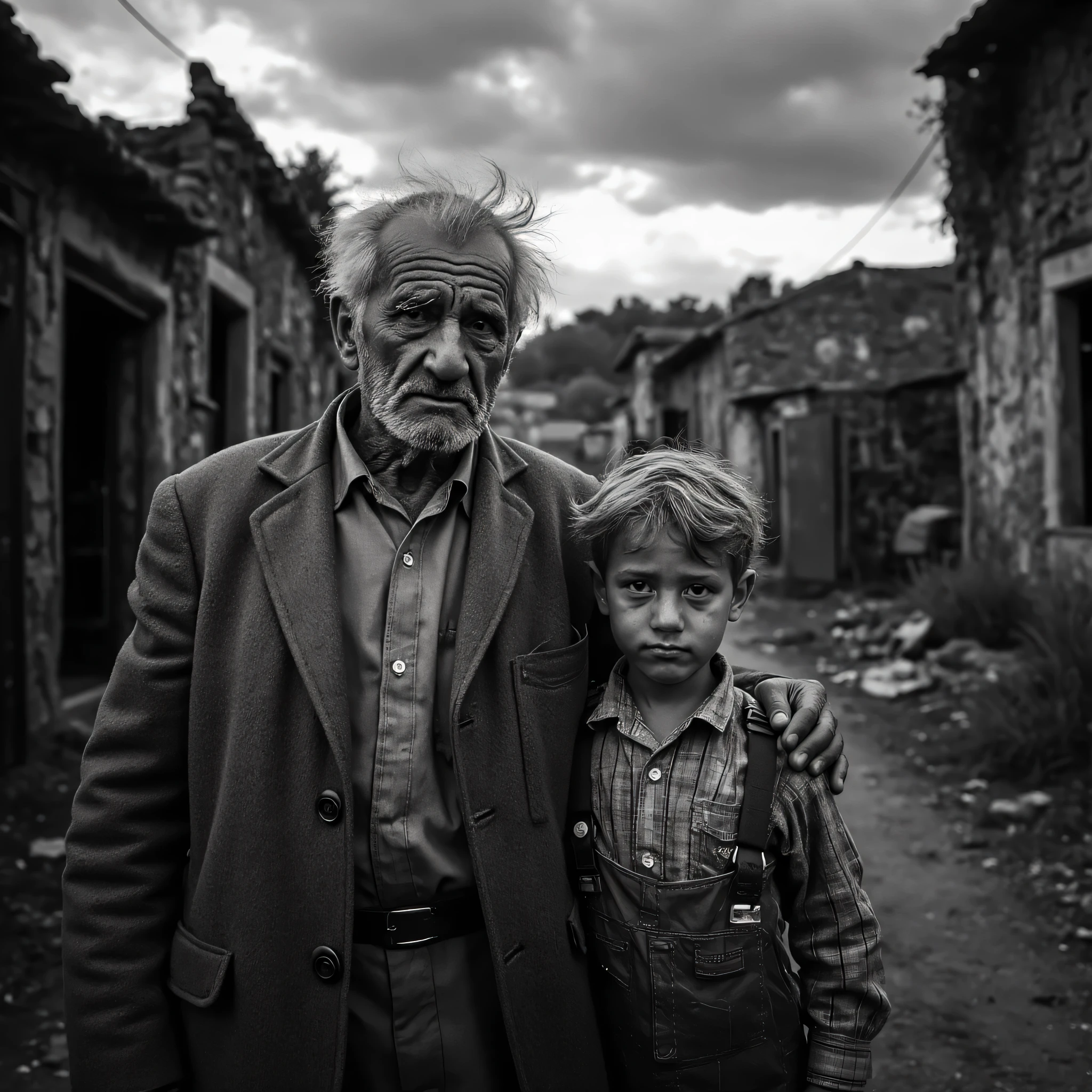Monochrome photograph of a scene from deep Spain , with an old man and his grandson ( medium black) dressed in country clothes from the 1950s looking in front of the camera (Cristina García Robledo style ). the scene takes place on the outskirts of a half-ruined town (Abandoned ). The sky with dramatic clouds at dusk occupies the upper half of the photograph. dramatic lighting , shot with a 20mm ( Wide angle). Quality and with many details , magical realism, Canon eos 5d mark 4 , lighting by Rembrandt.
