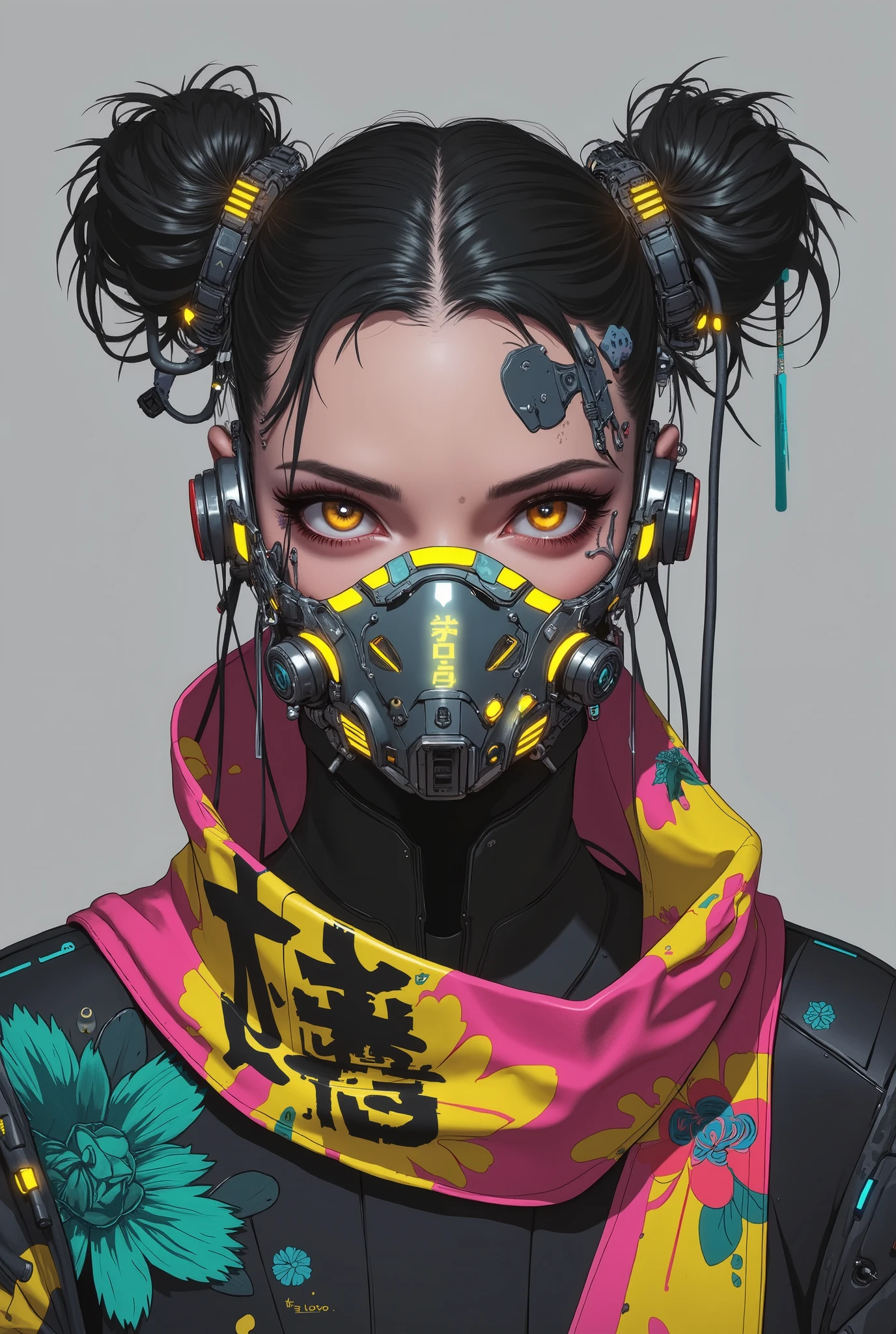 to design a futuristic cyberpunk-style portrait of a female character,Attention to detail。 The character's appearance is eye-catching , with high-tech facial gear , Includes a stylish respirator mask with luminous details , and a transparent cable connected to advanced technical nodes around the head 。, her hair is gracefully combed into a bun , with shiny Japanese letters , with a neon effect 。 She wears a colorful 、, the scarves , showing intricate flowers and traditional patterns ,With her dark 、 on her forehead, forms a bright futuristic costume Compare 。 light softly concentrating the bright colors of the , reflective material that highlights the mask 、 scarf , and the glimmer of technical equipment 。Simple background, fully focus on character traits and futuristic beauty 。