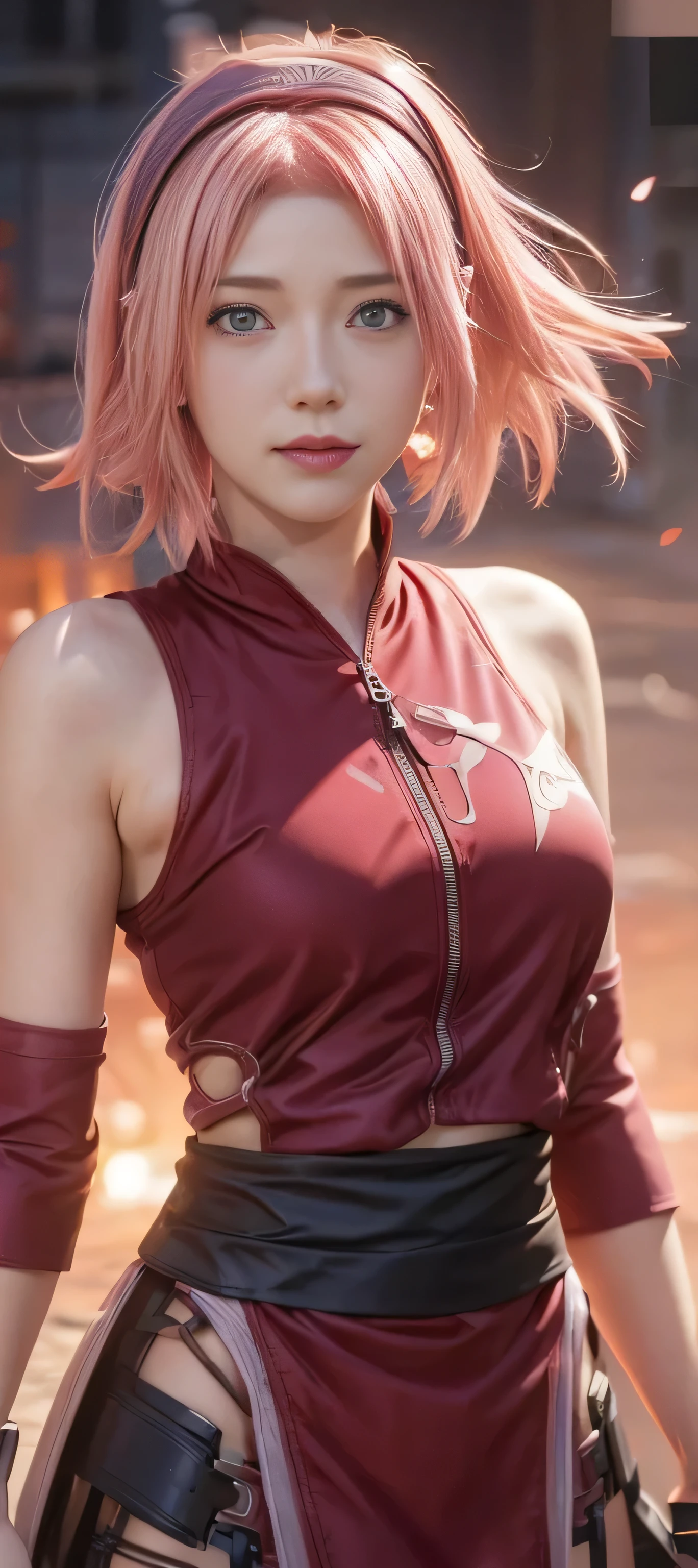 masterpiece, best quality, (realistic,photo-realistic:1.4), (RAW photo:1.2), extremely detailed CG unity 8k wallpaper, delicate and beautiful, amazing, finely detail,official art, absurdres, incredibly absurdres, huge filesize, ultra-detailed, extremely detailed, extremely detailkcaled girl,extremely detailed eyes and face, light on face,little smiles,(short hair:1.7),(pink hair:1.3),(wevening background:1.4),haruno sakura( girl:1.3),(honkai impact outfit:1.5),nature background,(red hairband:1.5)