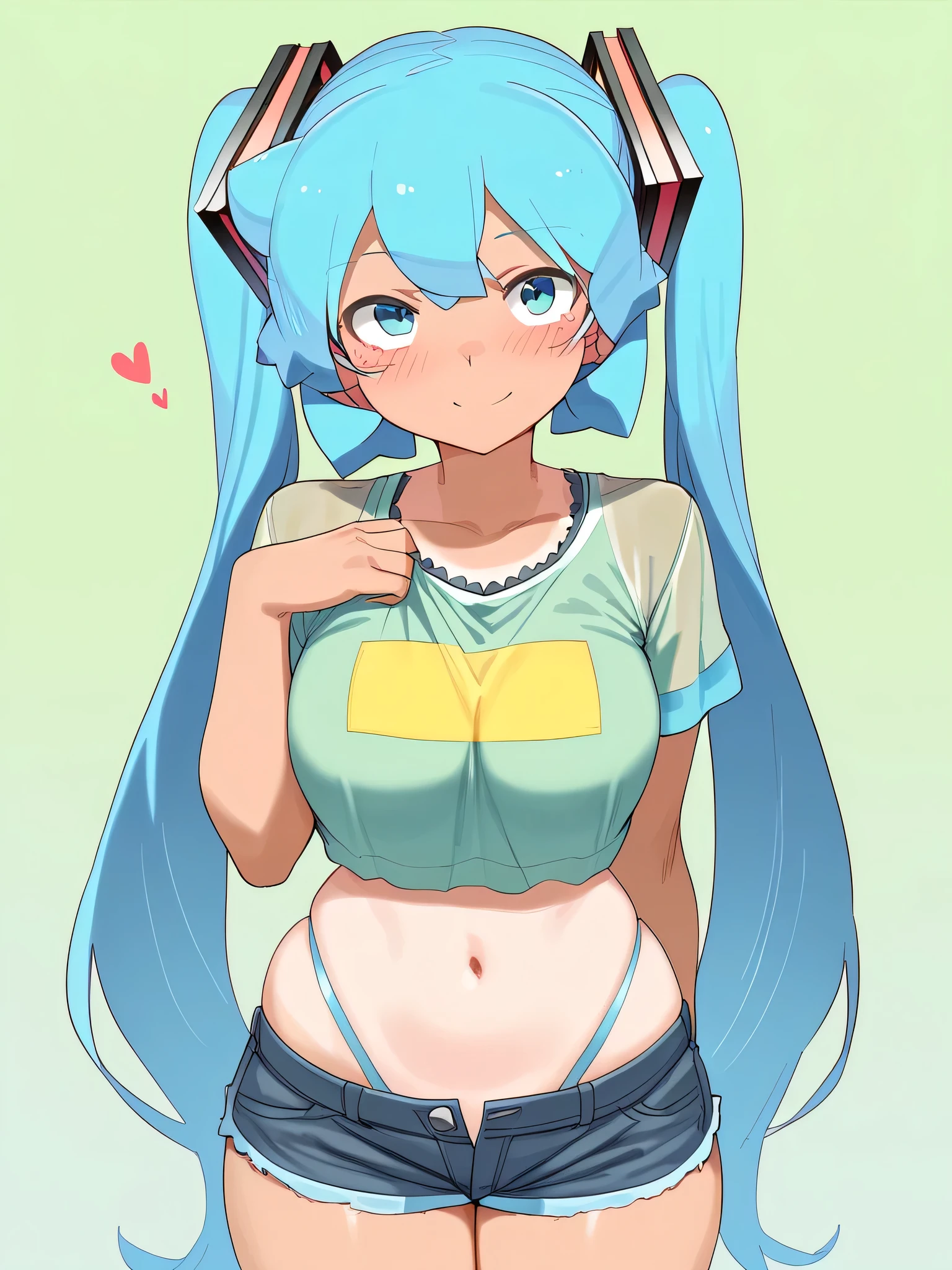 Cute girl, dark blue pigtails, green eyes, smile, white tank top, short pants, big breasts, exposed stomach