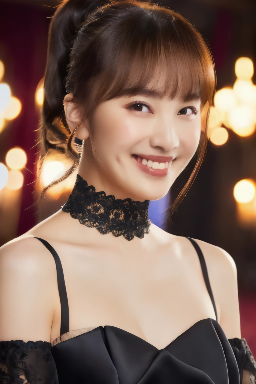 ((red wedding dress)), (masterpiece, top quality, The beautiful quality of , photorealistic , detailed lighting , Extremely detailed skin, Extremely Detailed Hair ,8k, black hair, upper body, One Girl , smile, (((Ponytail))), Watch Viewers , Dimples, Dimpless on cheeks, fc portrait:1.2), red choker 、((bangs))、 off shoulder、Accurate Eyes、 in ultra high quality