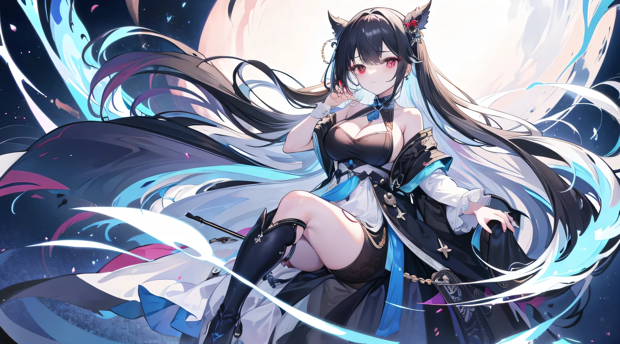 ahri, ahri \(league of legends\), [(magical realm background:1.4), ((masterpiece)),(best quality),colorful,extremely detailed,1girl, absurdres, animal_ears, black_hair, breasts, detached_sleeves, distr, highres, facial_mark, fox_ears, fox_tail, hand_up, league_of_legends, long_hair, long_sleeves, magic, multiple_tails, orange_eyes, parted_lips, solo, standing, tail, full body, bad-hands-5, <lora:ahriLeagueOfLegends_ahri45Suggested:0.65>