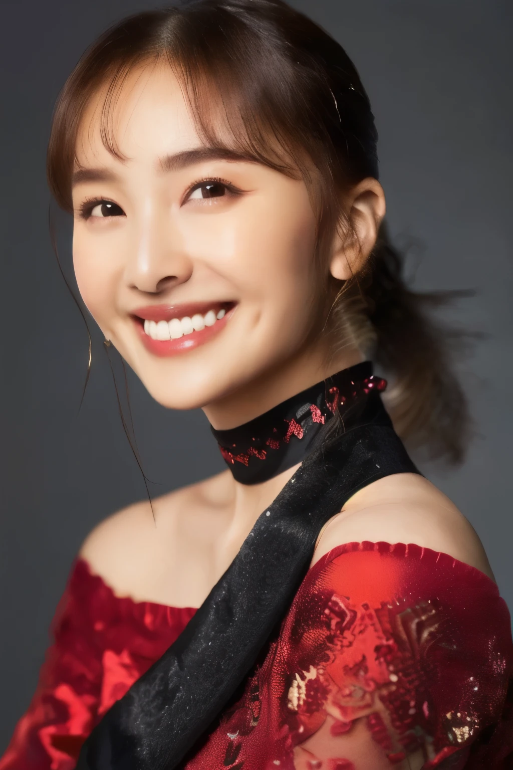 (( red camisole)), (masterpiece, top quality, The beautiful quality of , photorealistic , detailed lighting , Extremely detailed skin, Extremely Detailed Hair ,8k, black hair, upper body, One Girl , smile, (((Ponytail))), Watch Viewers , Dimples, Dimpless on cheeks, fc portrait:1.2), red choker 、((bangs))、 off shoulder、Accurate Eyes、 in ultra high quality