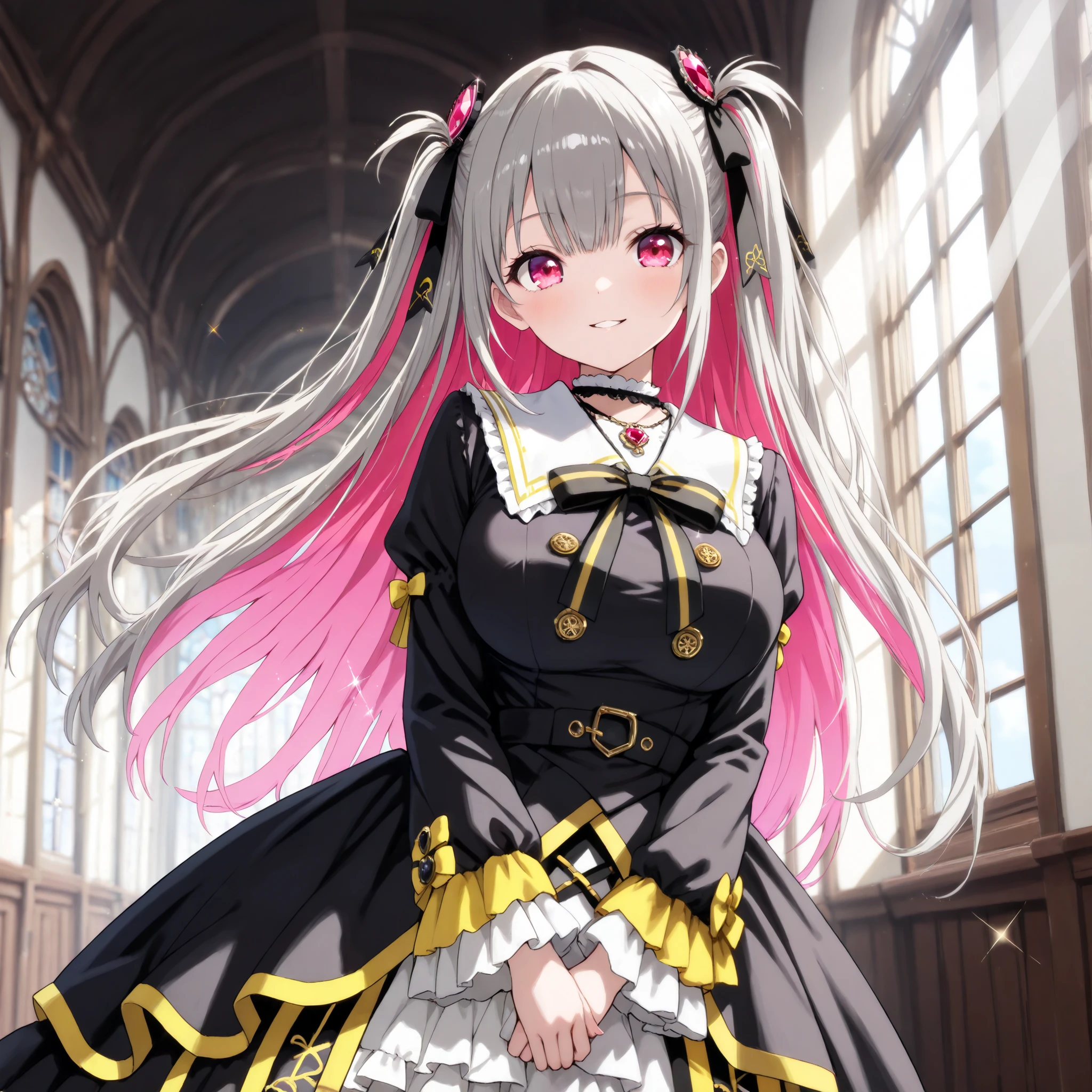 Antique design sash Large arched windows are spaced evenly apart, In a solemn hallway, AIU, (Super detailed Backgrounds), (The frills were layered on top of each other), (Place your hands together in the center of your chest), (smile parted lips), (looking at viewer), (sunbeam), ((light sparkles)), (Wide angle), (masterpiece), (high resolution),(8k), (Best quality), (Complete anatomy:1.5), (cute eyes), {{magenta eyes:1.8}}, (eyelashes), (two side up hair style:1.0), (Hair Accessories), (straight hair), Black Gothic ta Dress, (High-Low Hem Dress), (Front open skirt), (Yellow trim:1.2), White Ruffle skirt, White collar, Like a school uniform, Detailed clothing, necklace, silky skin, (large breasts), (Cute girl), solo, (magenta inner hair:1.5 Sheer Pink:1.2), Grey hair,  {magenta inner hair:1.5 Sheer Pink:1.2}, (Stand on the left side of the screen)