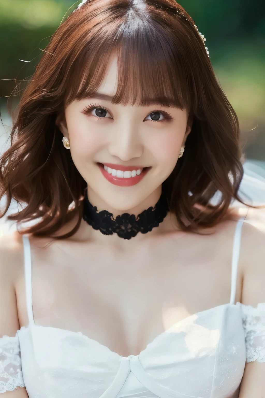(( white wedding dress )), (masterpiece, top quality, The beautiful quality of , photorealistic , detailed lighting , Extremely detailed skin, Extremely Detailed Hair ,8k, black hair, upper body, One Girl , smile, Watch Viewers , Dimples, Dimpless on cheeks, fc portrait:1.2), choker、((bangs))、 off shoulder、Accurate Eyes、 in ultra high quality、 upper body、Belly button、 thighs、 panties 、Legs apart
