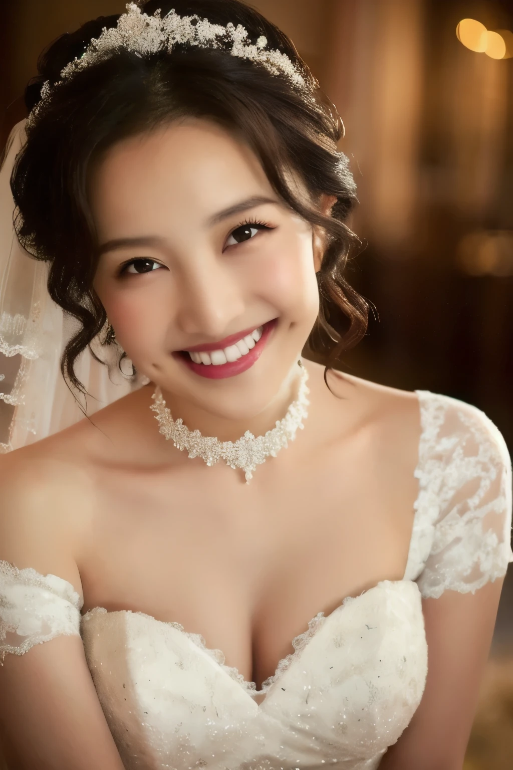 (( Wedding Dress)), (masterpiece, top quality, The beautiful quality of , photorealistic , detailed lighting , Extremely detailed skin, Extremely Detailed Hair ,8k, black hair, upper body, One Girl , smile, Watch Viewers , Dimples, Dimpless on cheeks, fc portrait:1.2), choker、 off shoulder、Accurate Eyes、 in ultra high quality、Belly button、 thighs、 panties 、