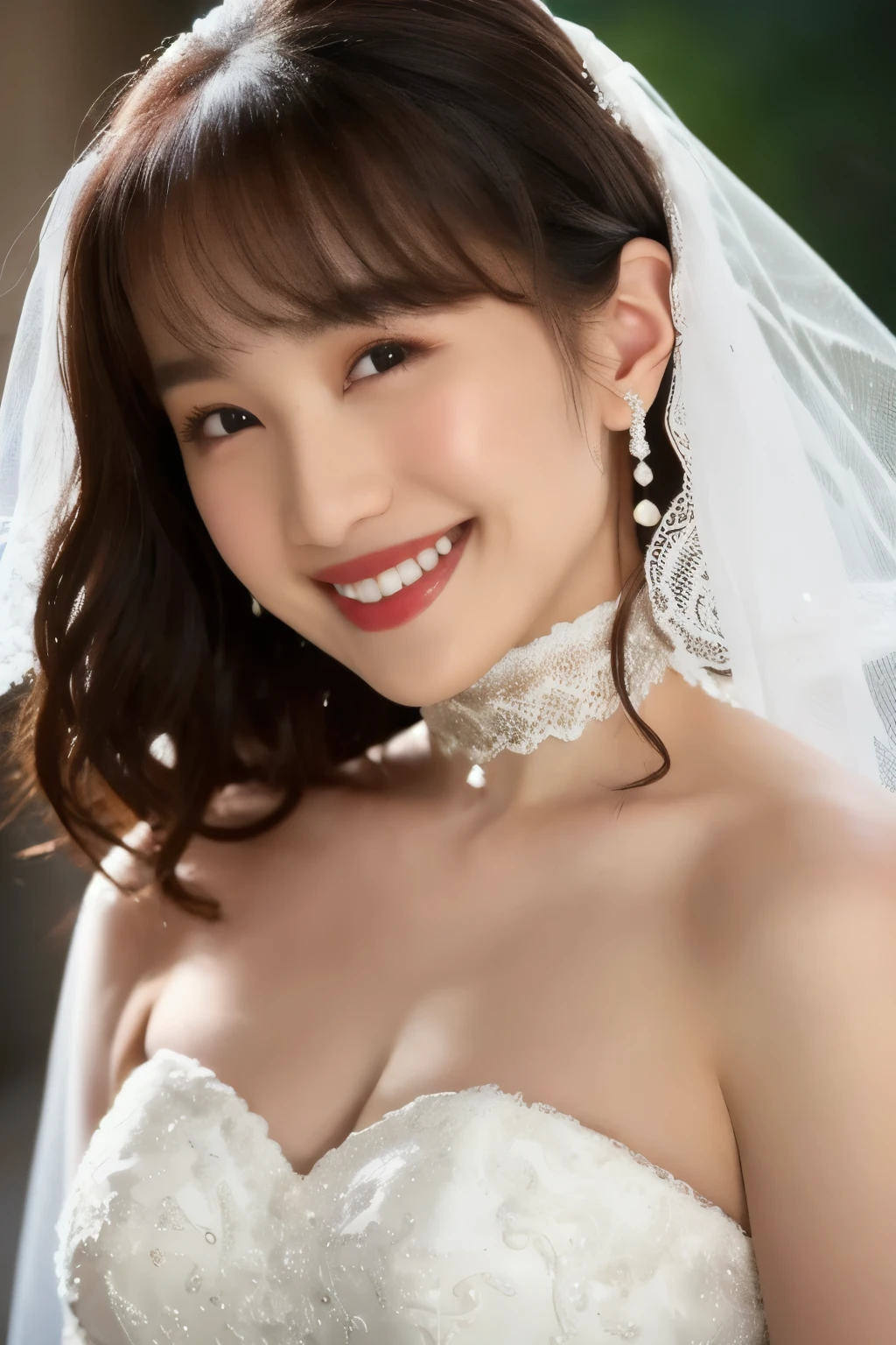 (( Wedding Dress)), (masterpiece, top quality, The beautiful quality of , photorealistic , detailed lighting , Extremely detailed skin, Extremely Detailed Hair ,8k, black hair, upper body, One Girl , smile, Watch Viewers , Dimples, Dimpless on cheeks, fc portrait:1.2), choker、 off shoulder、Accurate Eyes、 in ultra high quality、Belly button、 thighs、 panties 、