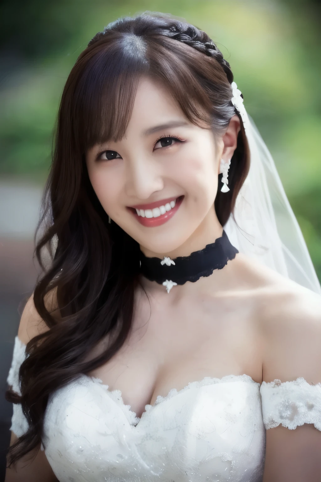 (( Wedding Dress)), (masterpiece, top quality, The beautiful quality of , photorealistic , detailed lighting , Extremely detailed skin, Extremely Detailed Hair ,8k, black hair, upper body, One Girl , smile, Watch Viewers , Dimples, Dimpless on cheeks, fc portrait:1.2),  choker、 off shoulder、Accurate Eyes、 in ultra high quality、Belly button、 thighs、 panties 、