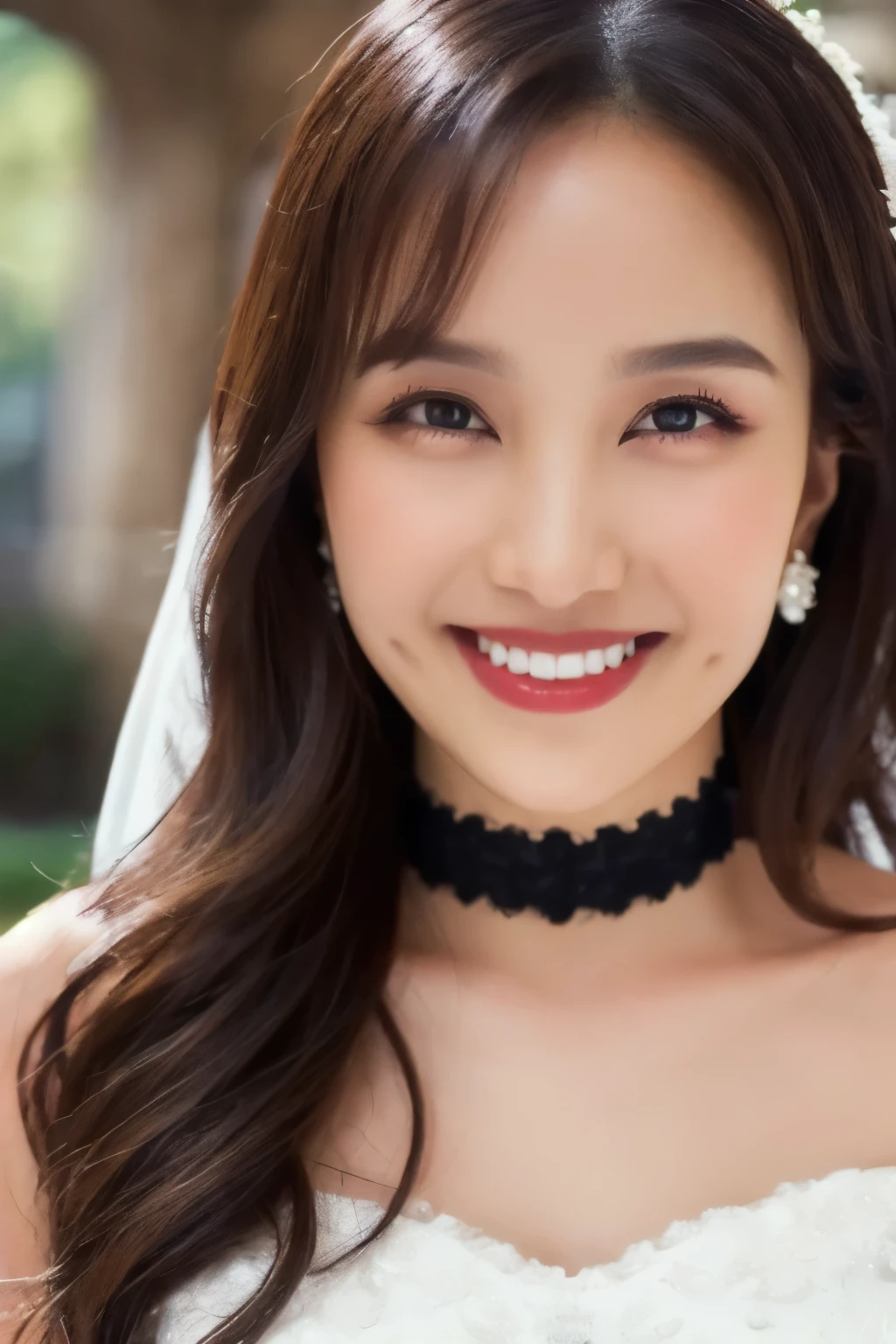 (( Wedding Dress)), (masterpiece, top quality, The beautiful quality of , photorealistic , detailed lighting , Extremely detailed skin, Extremely Detailed Hair ,8k, black hair, upper body, One Girl , smile, Watch Viewers , Dimples, Dimpless on cheeks, fc portrait:1.2), choker、 off shoulder、Accurate Eyes、 in ultra high quality、Belly button、 thighs、 panties 、