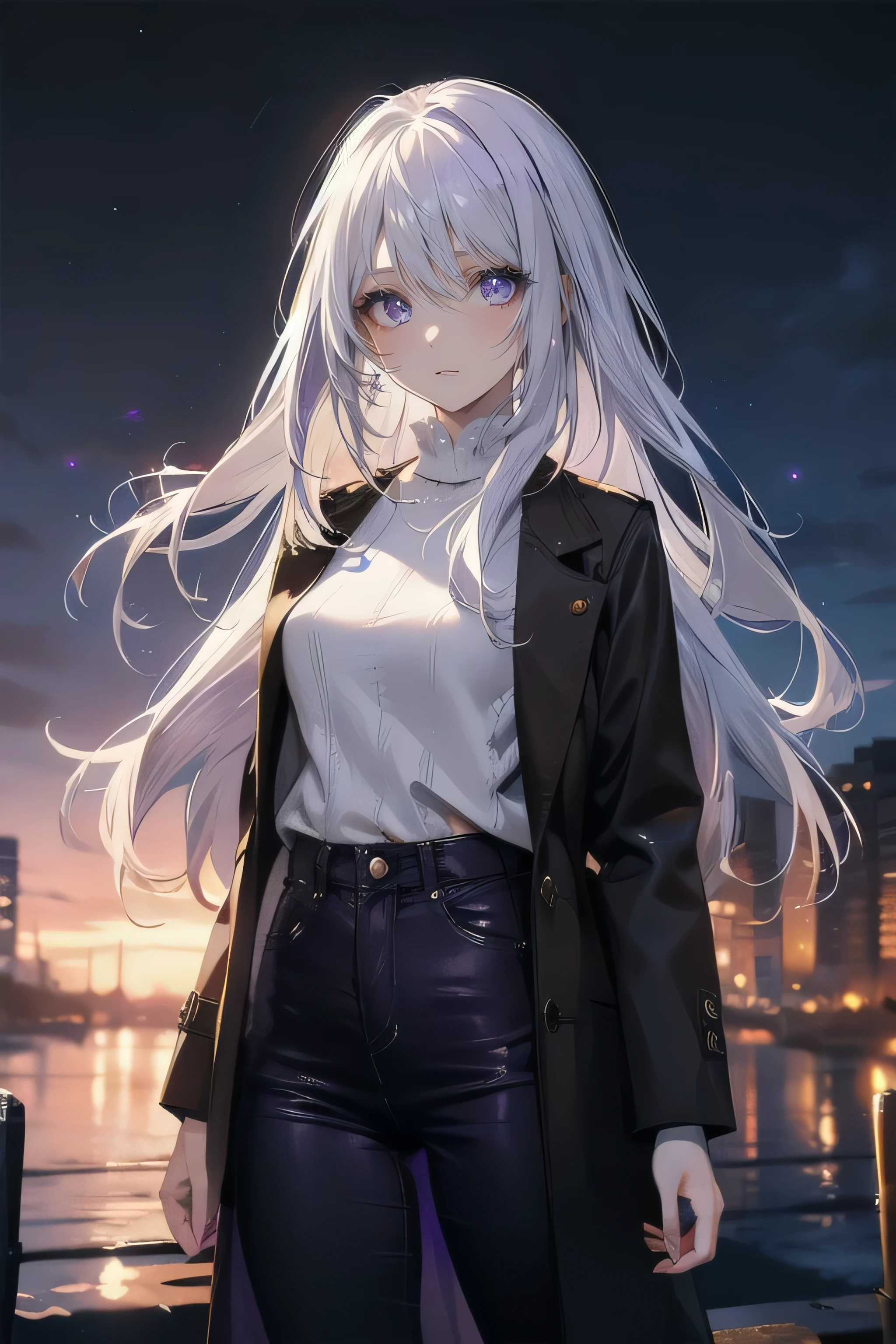 Anime girl with long white hair and blue eyes standing in front of a ...