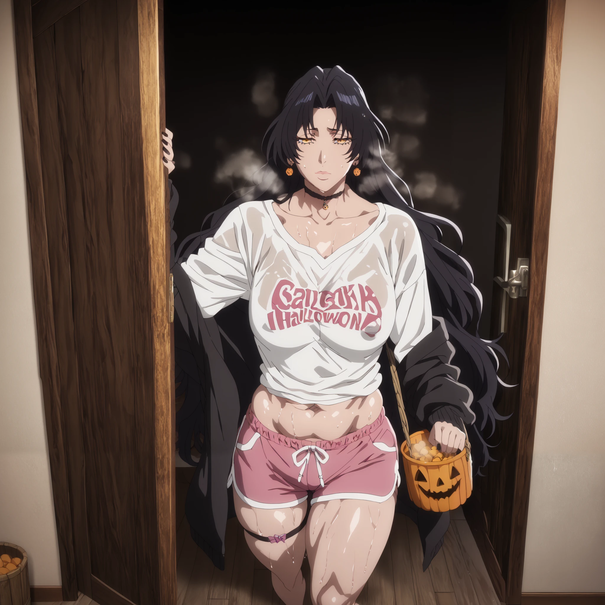 , Score_9, Score_8_up, Score_7_up, dominique de sade, long hair, black hair, parted bangs, yellow eyes, mature female, anime coloring, anime screencap, shiny skin, (voluptuous:1.3), (thick:1.3), BREAK UHD, retina, masterpiece, accurate, anatomically correct, textured skin, super detail, high details, high quality, award winning, best quality, highres, 4K, black nails, makeup, eyelashes, excessive sweating, sweating, sweating drop, (gasping, heavy breathing:1.3), (skindentation:1.2), perfect eyes, beautiful eyes, eyelashes, makeup, detailed body, perfect body, BREAK, 1girl, solo, breasts, halloween, navel, sweatdrop, looking_at_viewer, jewelry, earrings, halloween_costume, large_breasts, closed_mouth, collarbone, bucket, doorway, standing, heavy breathing, gasping, sweating, excessive sweating, sweating drop, plump, seductive sweating, half-closed eyes, BREAK COSTUME, white shirt, long sleeves, black cardigan, dolphin shorts, short shorts, pink shorts, midriff peek, thigh belt, at bedroom,