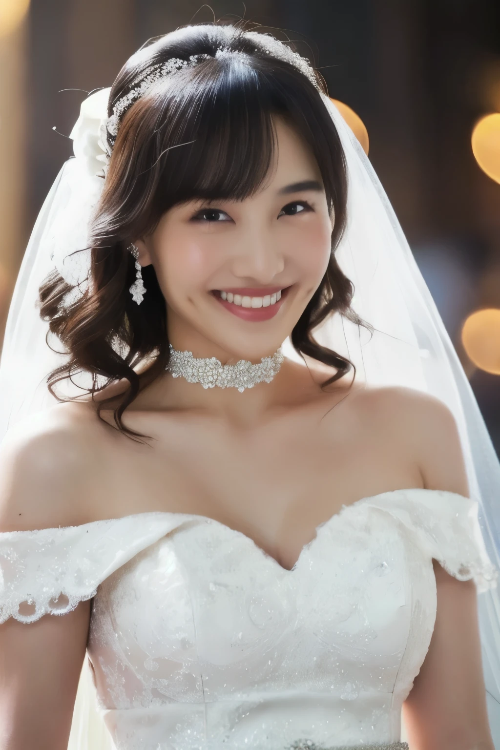 (( Wedding Dress)), (masterpiece, top quality, The beautiful quality of , photorealistic , detailed lighting , Extremely detailed skin, Extremely Detailed Hair ,8k, black hair, upper body, One Girl , smile, Watch Viewers , Dimples, Dimpless on cheeks, fc portrait:1.2), choker、 off shoulder、Accurate Eyes、 in ultra high quality、Belly button、 thighs、 panties 、