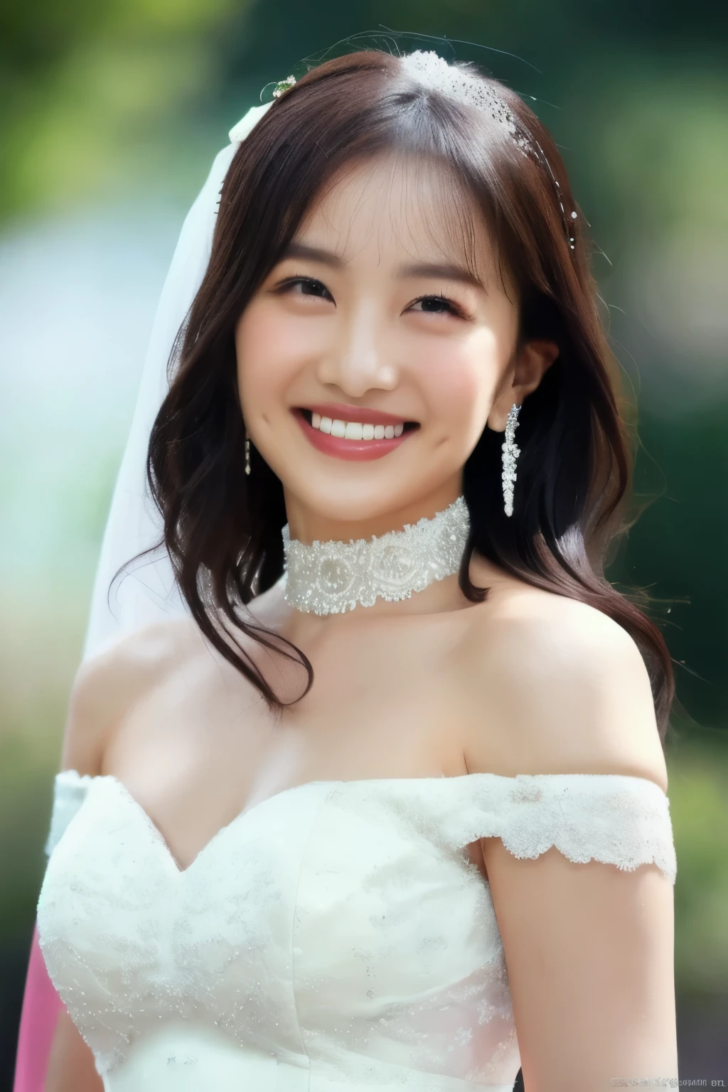 (( Wedding Dress)), (masterpiece, top quality, The beautiful quality of , photorealistic , detailed lighting , Extremely detailed skin, Extremely Detailed Hair ,8k, black hair, upper body, One Girl , smile, Watch Viewers , Dimples, Dimpless on cheeks, fc portrait:1.2),  choker、 off shoulder、Accurate Eyes、 in ultra high quality、Belly button、 thighs、 panties 、