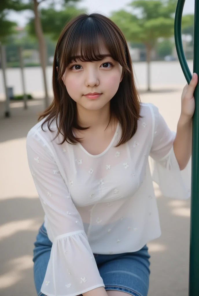 (Skin wounds:1.2), (Skin dents), black eye, 1woman, Age 25, (((woman))), alone, Realistic, highest quality, photoRealistic, masterpiece, 8k, High resolution, alone, Highly detailed face, (Professional Lighting, Bokeh), (Particles of light, Lens flare, Glowing particles:0.6), (Dynamic pose:1.2), Soft lighting, View from above, Fashionable and trendy atmosphere, Japan, street, Tokyo, city, ((Daytime)), null, ((Looking at the audience:1)), (Looking into the camera),(Portraiture:0.6), Cowboy Shot, nice, Are standing, Maintain the original face proportions, Broad shoulders, whole body, (Small breasts), (Medium Hair), Brown Hair, Floating Hair, lips, lipstick, seductive smile, Floating Hair, smile, Open_mouth, teeth, (White blouse without sleeves), (Jumper skirt), eyelash, Mole, (Mole under eye:1),