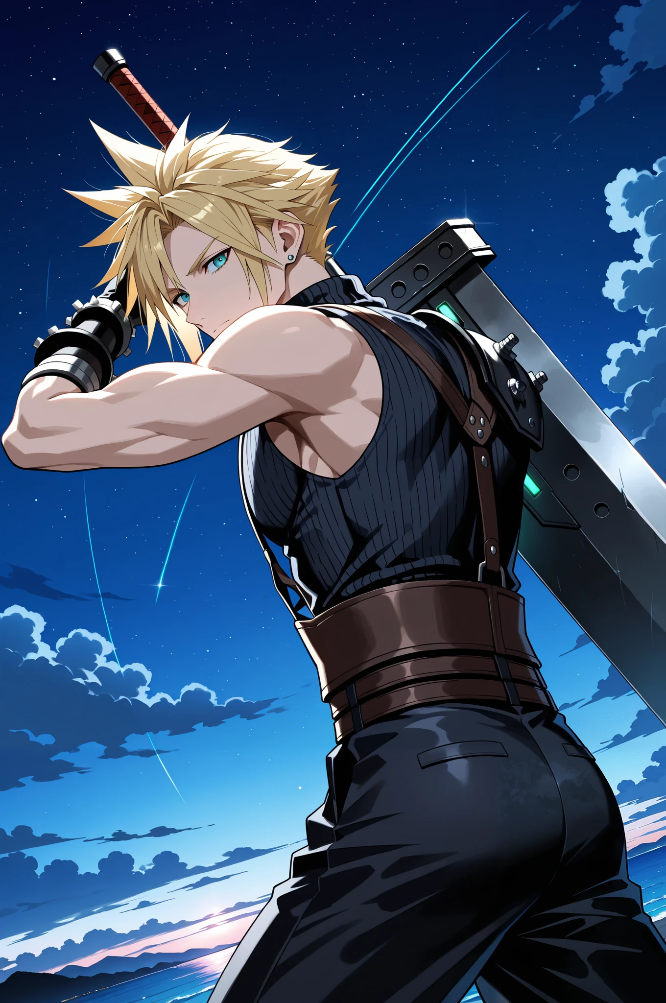 masterpiece, best quality, amazing quality, very aesthetic, high resolution, ultra-detailed, absurdres, newest, holding buster sword, 1man, Cloud Strife, final fantasy, 1man, blonde_hair, outside, night time, masterpiece, best quality, amazing quality, very aesthetic, high resolution, ultra-detailed, absurdres, newest,
