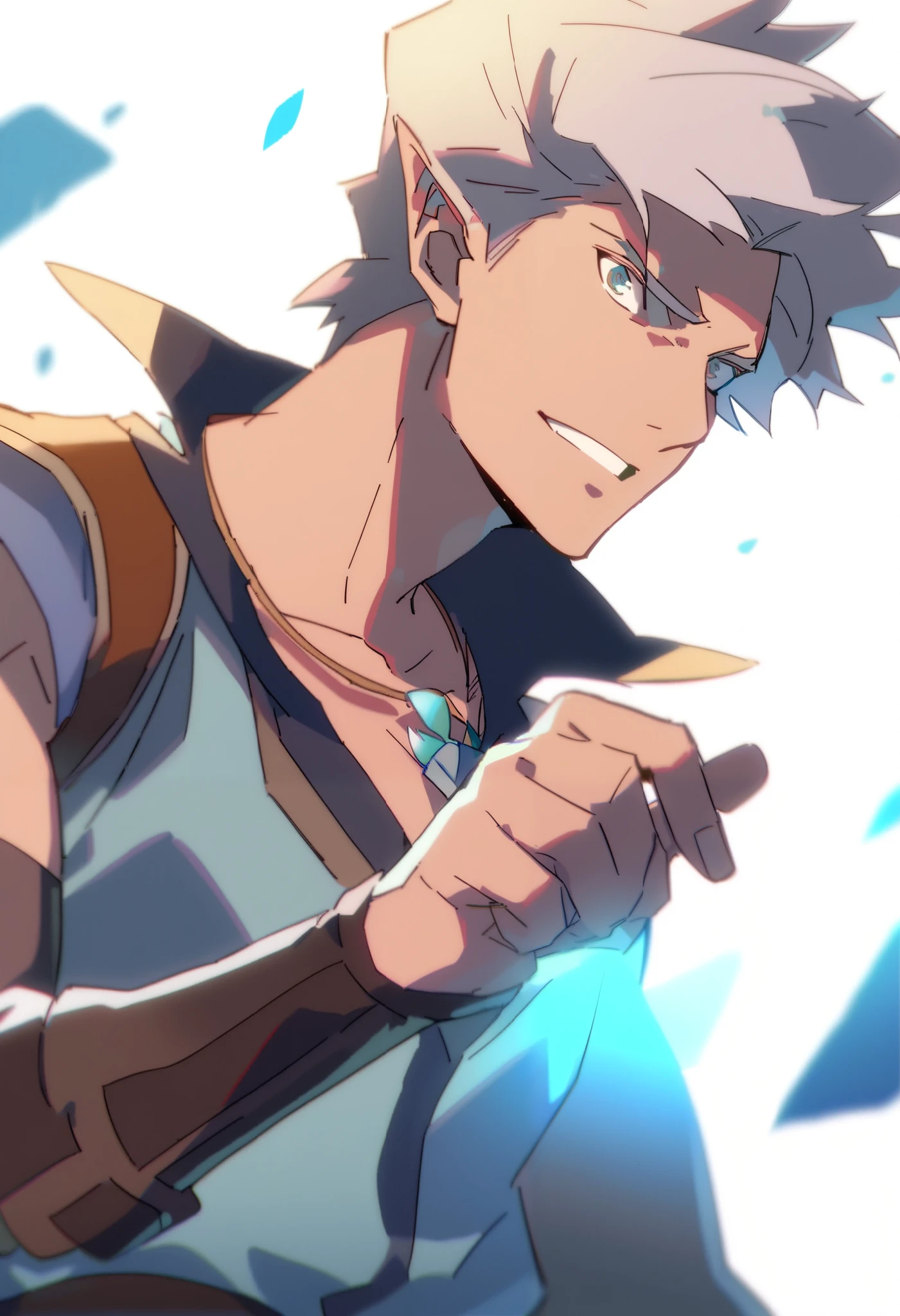A young man of about 26 years old, in the fantasy world of DnD, he has gray hair, an American face, clothes of a master of magic, with a blue stone in the form of a necklace, his eyes are brown. Style is hand-drawn animation