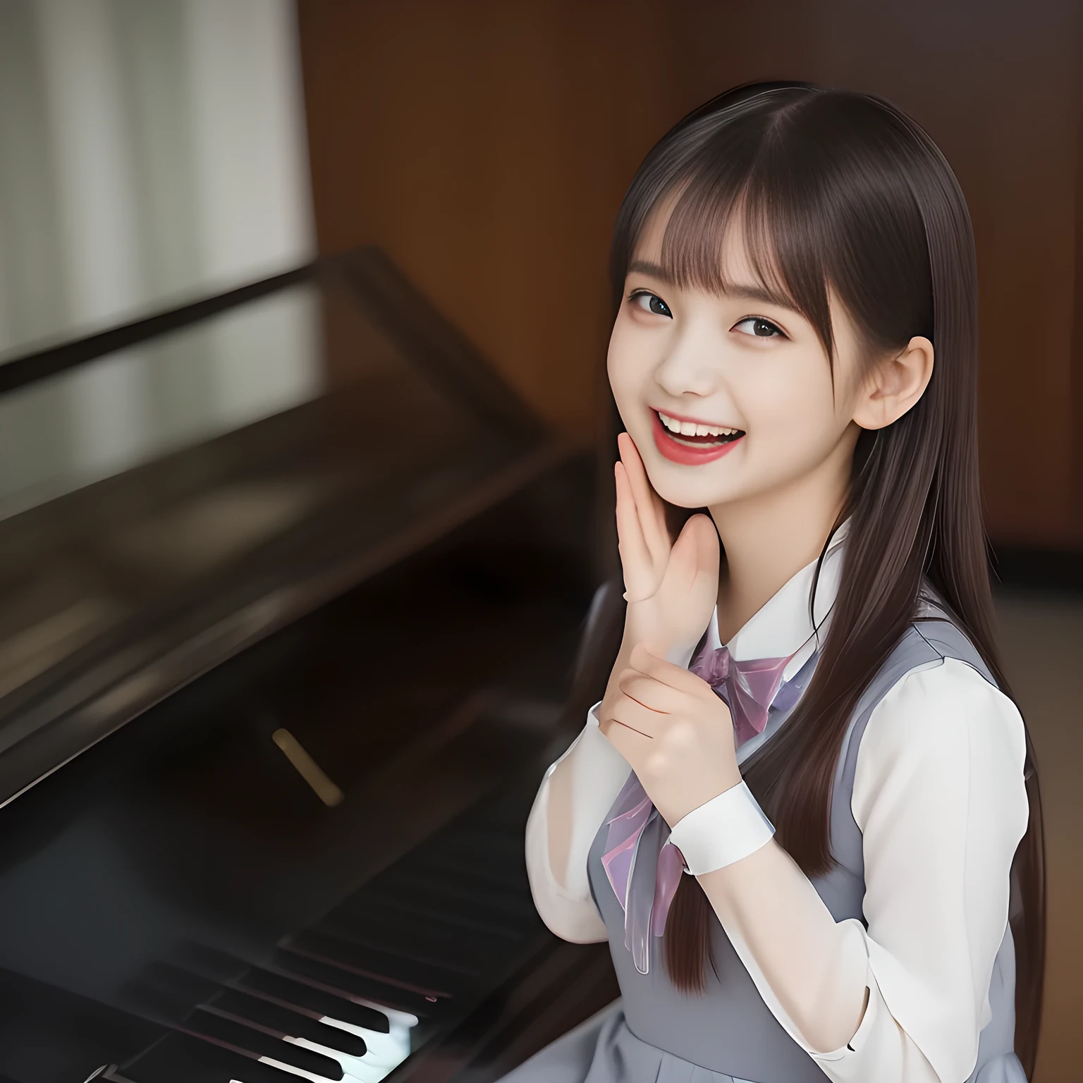 (highest quality, masterpiece, high resolution:1.2), 4K, (Photo quality detailed foreground: 1.2), geometry, (Bewitching succubi harem. Some of Cute noble girly very-long-hair Japanese photo model are seated on a gorgeous lascivious piano and can't stop kissing the viewer and looking at the viewer with her too beautiful eyes like laughing fashion model: 1.3), (Using expensive face-whitening cosmetics to make her skin more beautiful and pure by professional makeup artist: 1.5), (devious girlish fascinating laughter in bliss, devious girlish pose: 2.0), Laughing cutely, ((Light-Gray) Japanese school girly vest Uniform with neat girly light-yellow short-sleeves school blouse, puffed short sleeves: 1.2), (white socks and school loafers, kicking back: 1.5), (Dark blue glossy glossy school ribbon on the breast: 1.0), (Extremely laughing cheeks: 1.8), (Beautiful light-amber large clear open eyes with balanced and detailed cutely: 1.4), (double eyelids: 1.0), (highly curled bangs: 1.2), (Expressing the greatest joy with her whole body: 1.2), (Glossy lips: 1.0), (too long very straight hair reaches her hips: 1.7), (cute earrings), (making the viewer crazy with her beautiful hands: 1.6), (white and clear skin: 1.0), (Laughing cute princess's eyes looking at me: 0.8), (Very shy, cute, slender, pretty, pretty, too girly & Girlish: National Beautiful Girl Grand Prix winners: 2.0)
