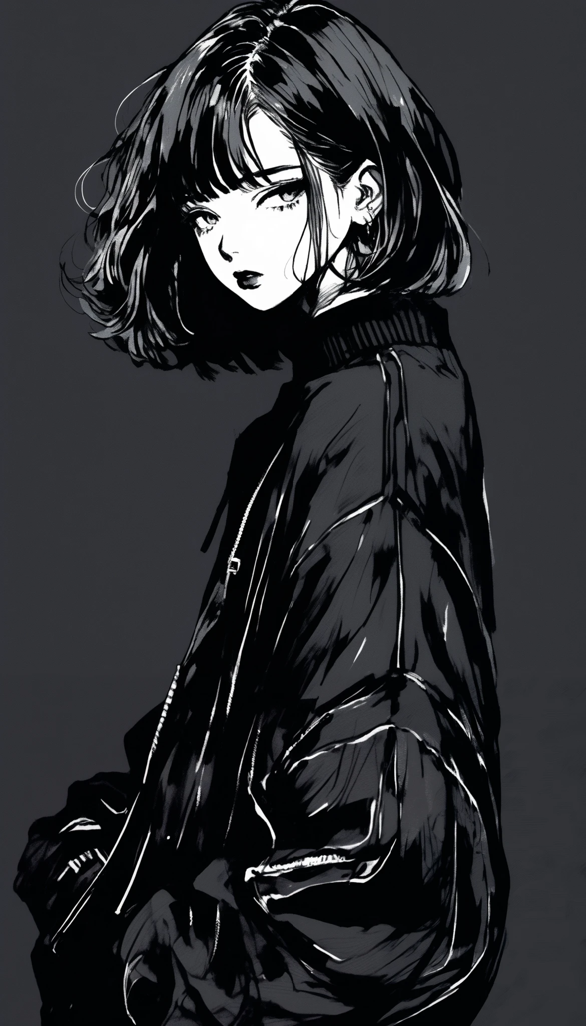 (Highest quality, sketch:1.2), Dark monochrome background, Japanese Manga,Illustrator,Japanese Manga,1 Girl, Delicate lips,sweater,custom,background completely black, Neon Hair,Texture Clipping,Canadian, masterpiece, style: Retro Classic, 深いblack, art, sketch book, (blackのボブヘア:1.35, black:1.55), bad woman