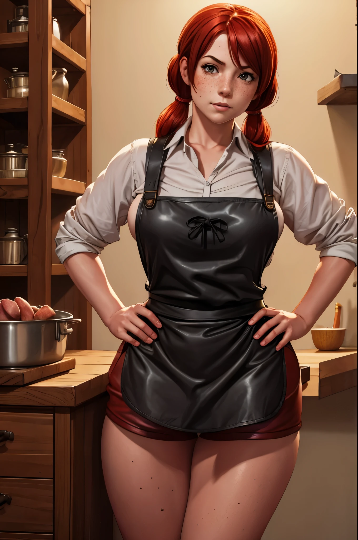 HIGHLY DETAILED, 16K HI-RES, insanely detailed image, cinematic, best quality, masterpiece, realistic, detailed face, detailed background, dramatic lighting, 1 girl, solo, Scarlett Johansson, cooking, wearing a red and white apron, no bra, the kitchen is cozy and dimly lit,