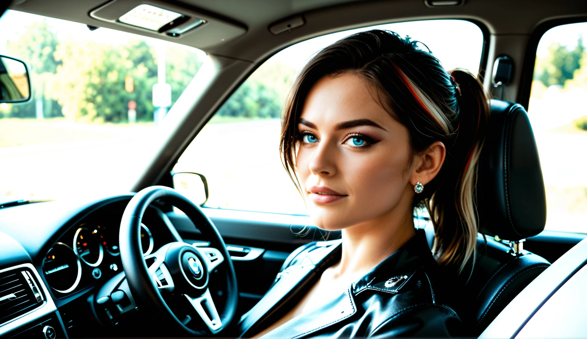 A cinematic scene featuring a young, stunning woman sitting inside a BMW M5. She has an engaging, confident look, her expression moody and intense, as she gazes outside the car window, exuding elegance and sophistication. The woman is dressed in sleek, all-black clothing that adds to her bold, fashionable vibe. Her hair is styled perfectly, and her makeup is on point, giving her a polished, high-fashion appearance. The interior of the BMW M5 is luxurious, with fine leather seats and a modern dashboard. The lighting in the scene is dramatic, creating deep shadows and highlights that enhance her features and the vehicle’s sleek design. The atmosphere is moody, with a hint of cinematic flair, making the image look like a scene from a high-end movie