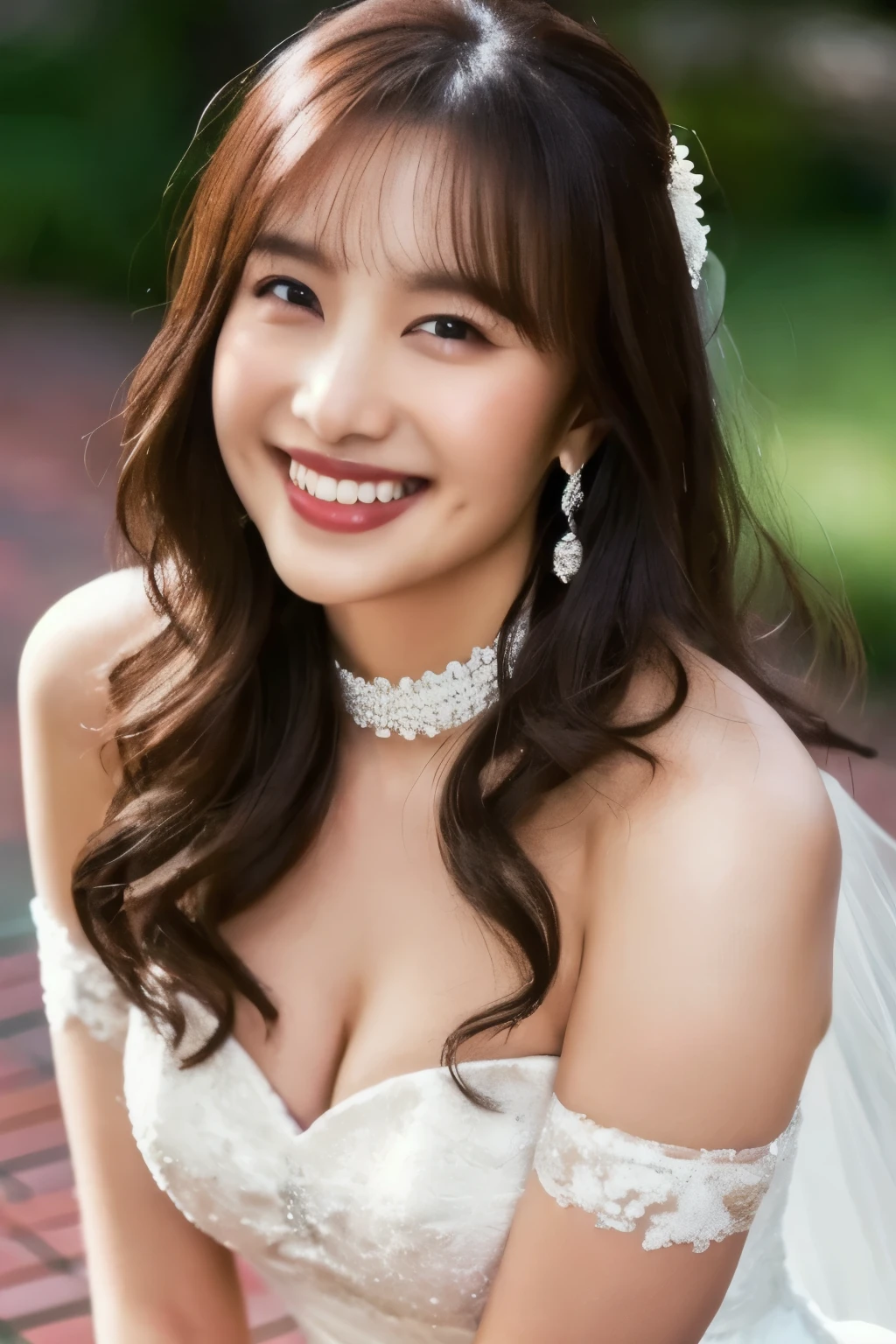 (( Wedding Dress)), (masterpiece, top quality, The beautiful quality of , photorealistic , detailed lighting , Extremely detailed skin, Extremely Detailed Hair ,8k, black hair, upper body, One Girl , smile, Watch Viewers , Dimples, Dimpless on cheeks, fc portrait:1.2),  choker、 off shoulder、Accurate Eyes、 in ultra high quality、Belly button、 thighs、 panties 、