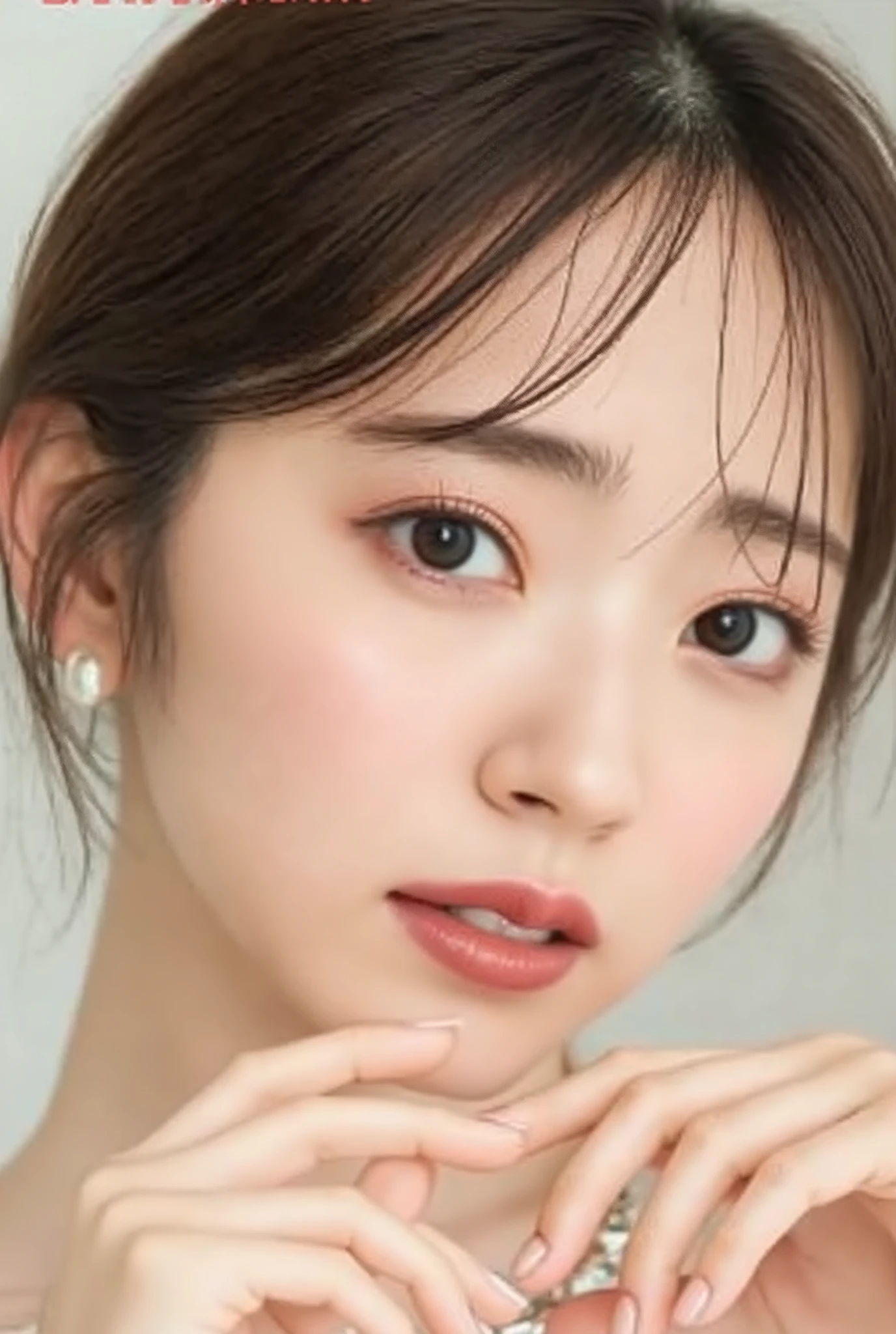 HD, 32K, Extremely accurate anatomy, Masterpiece, realistic, very detailed, photograph, high resolution, (( heart shaped hands , cute pose and cute hairstyle)), Smoother Light , Official Art, The Depth of Written Boundaries, bright light, close, detailed color, ((Smile 2.0)), beautiful detail of eyes , real textured skin , camisole