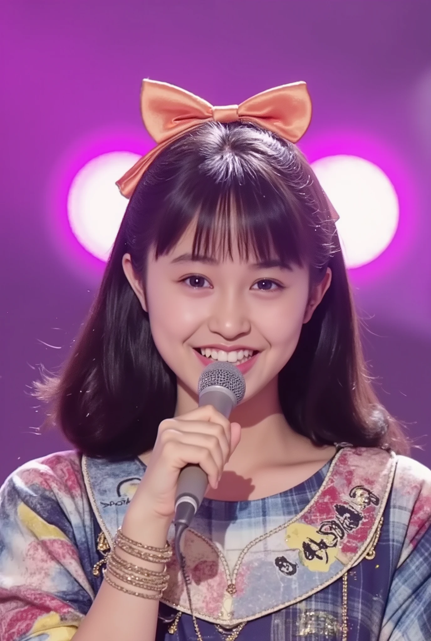 girl 、Alone、 A female idol wearing a cute idol costume with colorful ruffles, Stage with pink spotlights , smiling and waving