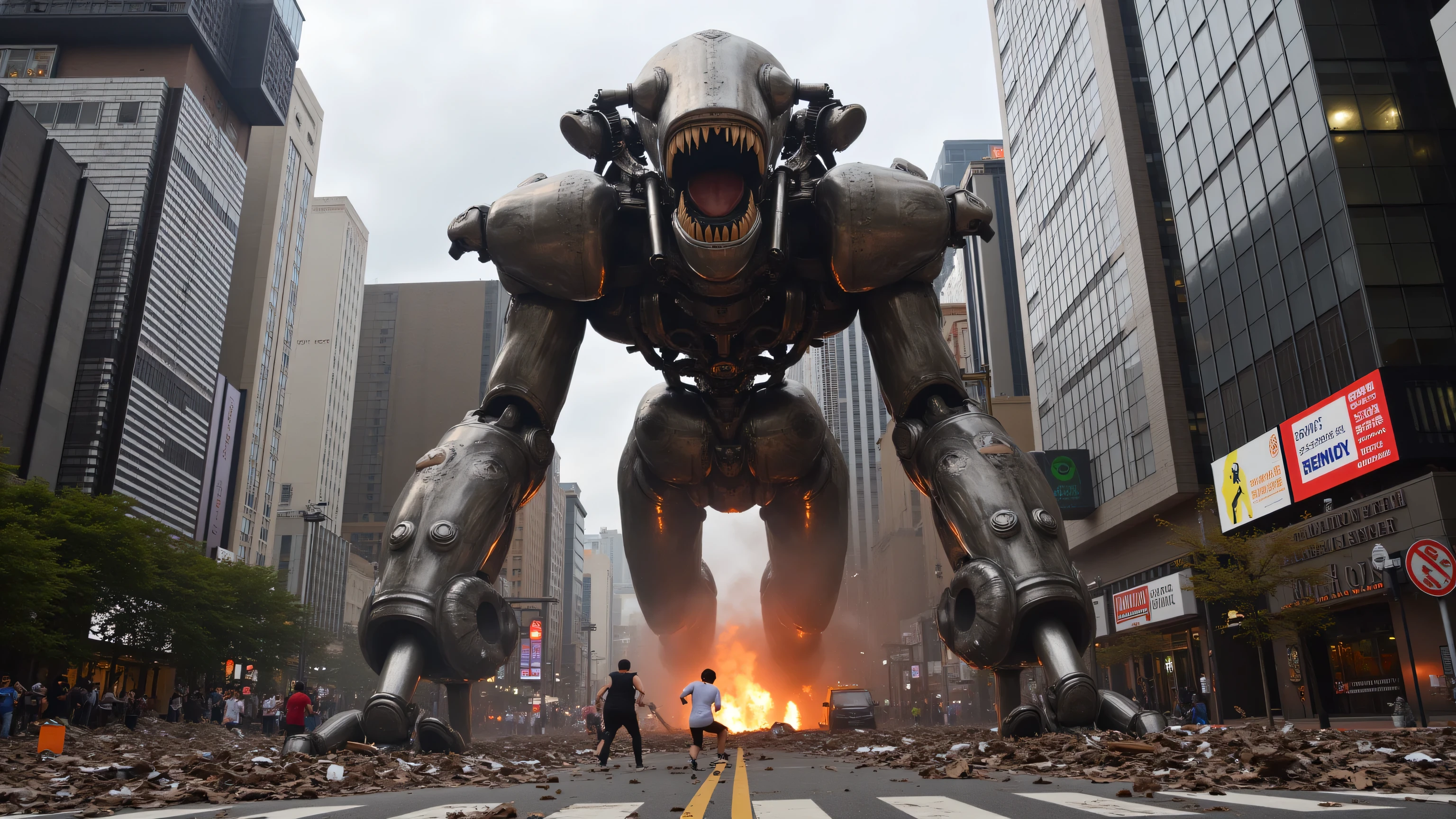 A cinematic shot of a giant alien robot laying waste to Tokyo with buildings knocked down and burning and Japanese citizens running away toward the camera, fleeing in panic. An atmosphere of doom.