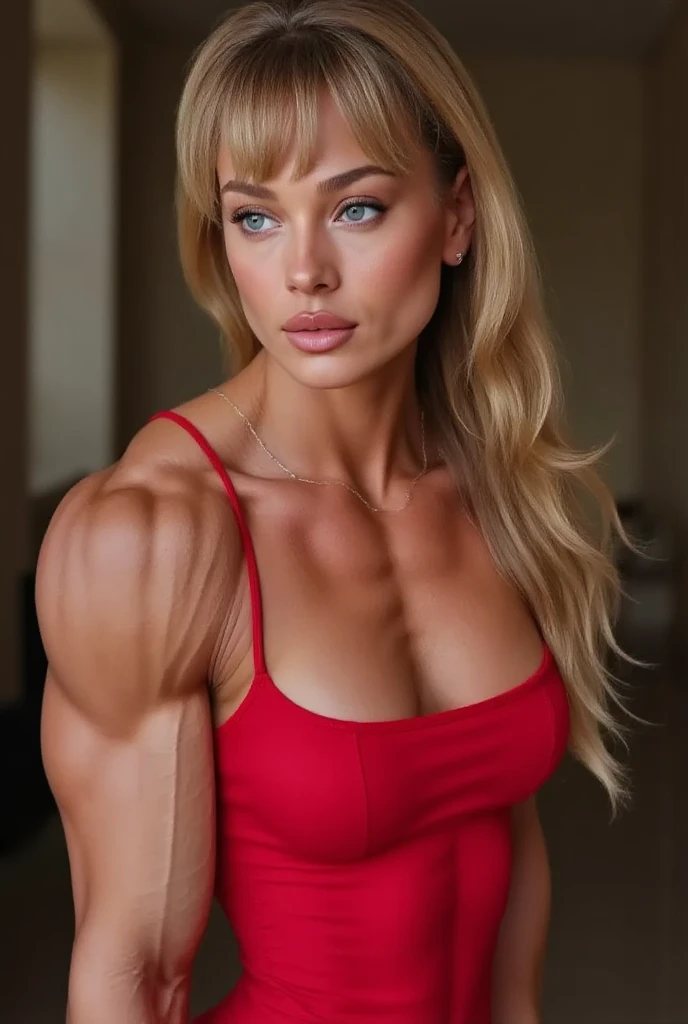 (beautiful face: 2), beautiful nordic woman, fullbody view, 30-year-old woman , massive muscular body, matching neck, matching trapezius muscles, matching hair, slight smirk, neutral stare, violet eyes