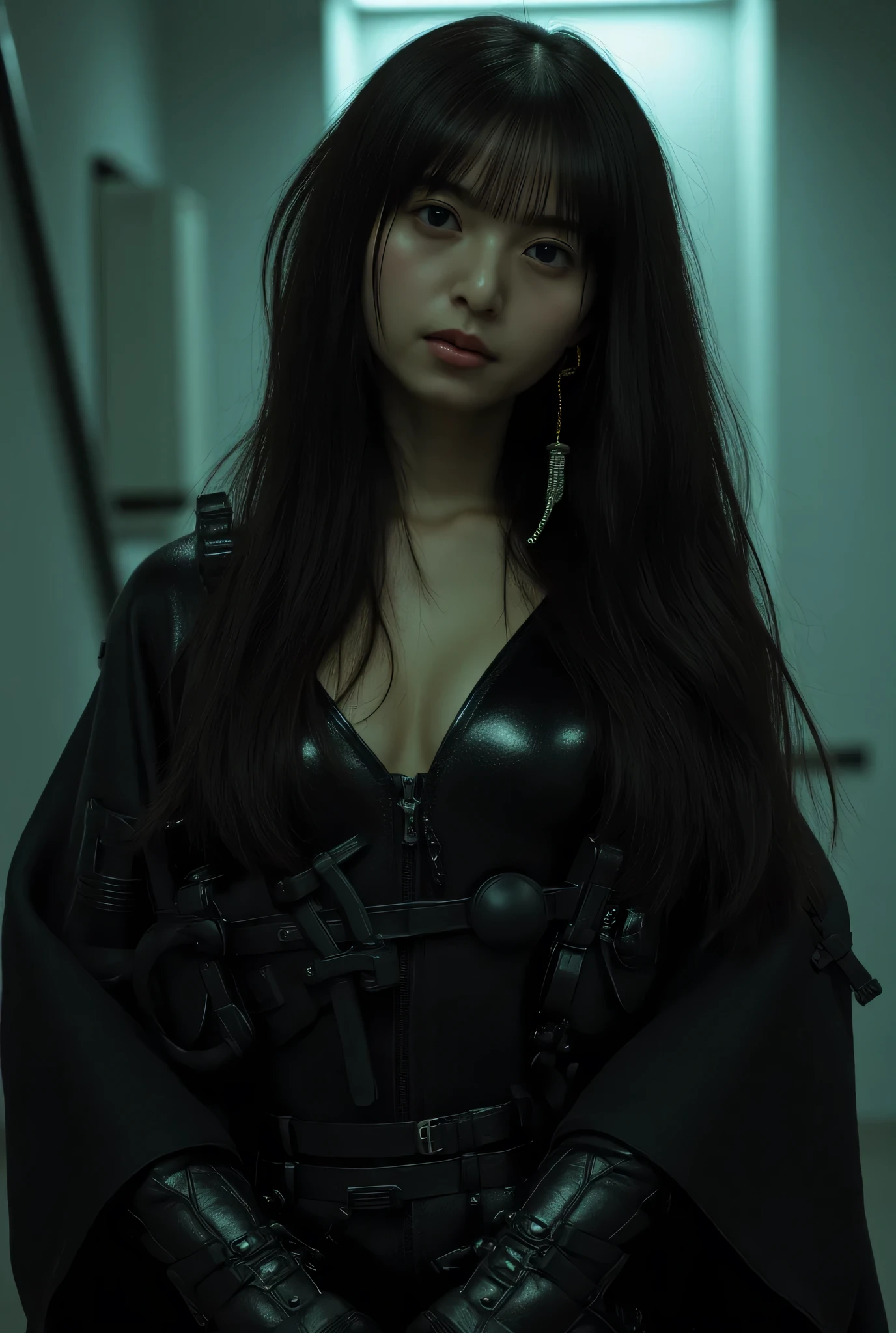masterpiece, Highest quality,dnfSpectre, Earrings, Cleavage, Black jacket, Black leotard, pantyhose, Black gloves, sunglasses, night, Abandoned City, Large Breasts,(Browsing Caution:1.0),((Long white hair))
