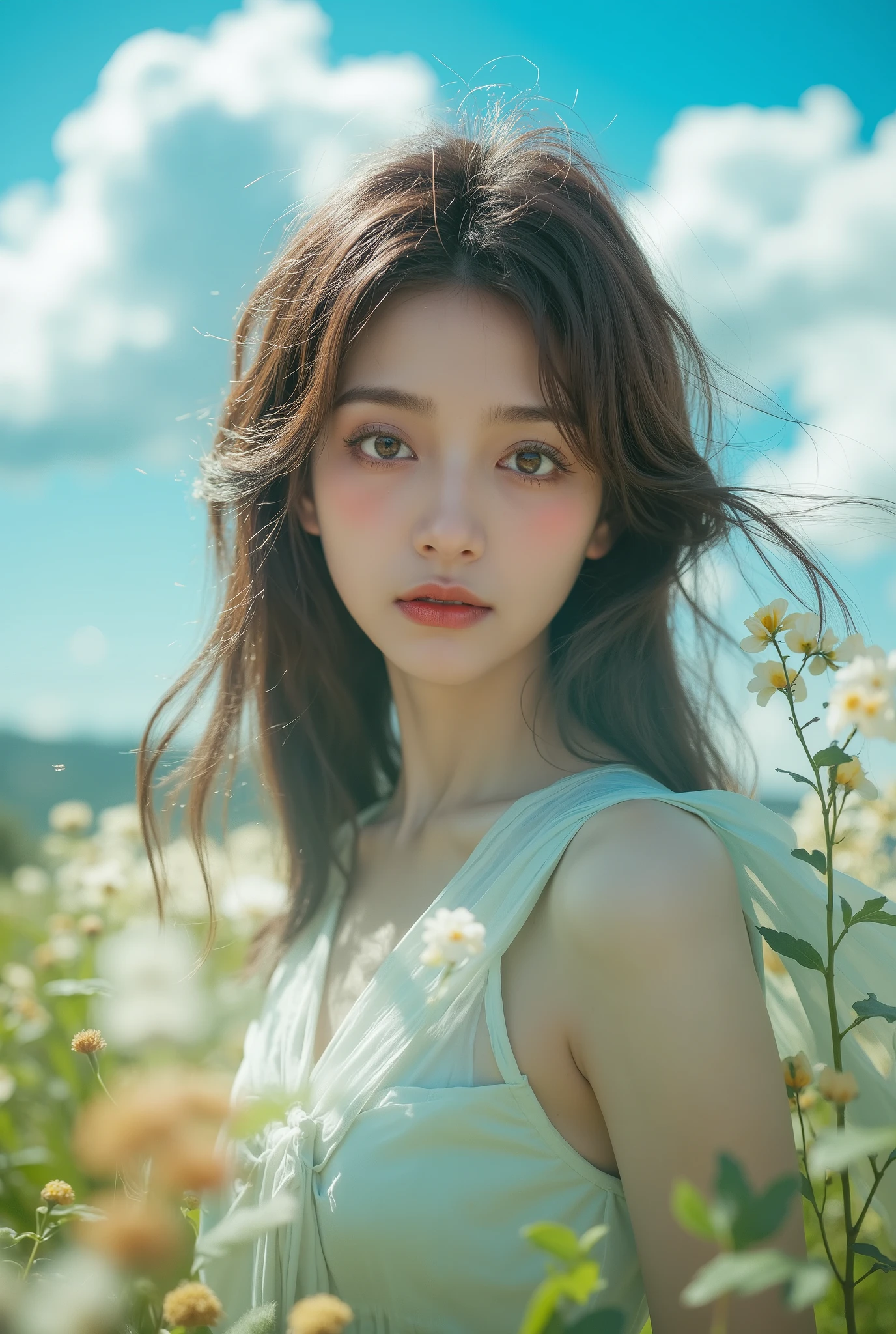 1 girl, looking at the audience, realistic, long hair, long hair blown by wind, solo, flowers, sky, sky, outdoor, short hair, brown long hair, science fiction, blur, grass, realism, clouds, blue sky, chest, lips, transparent, transparent, transparent,