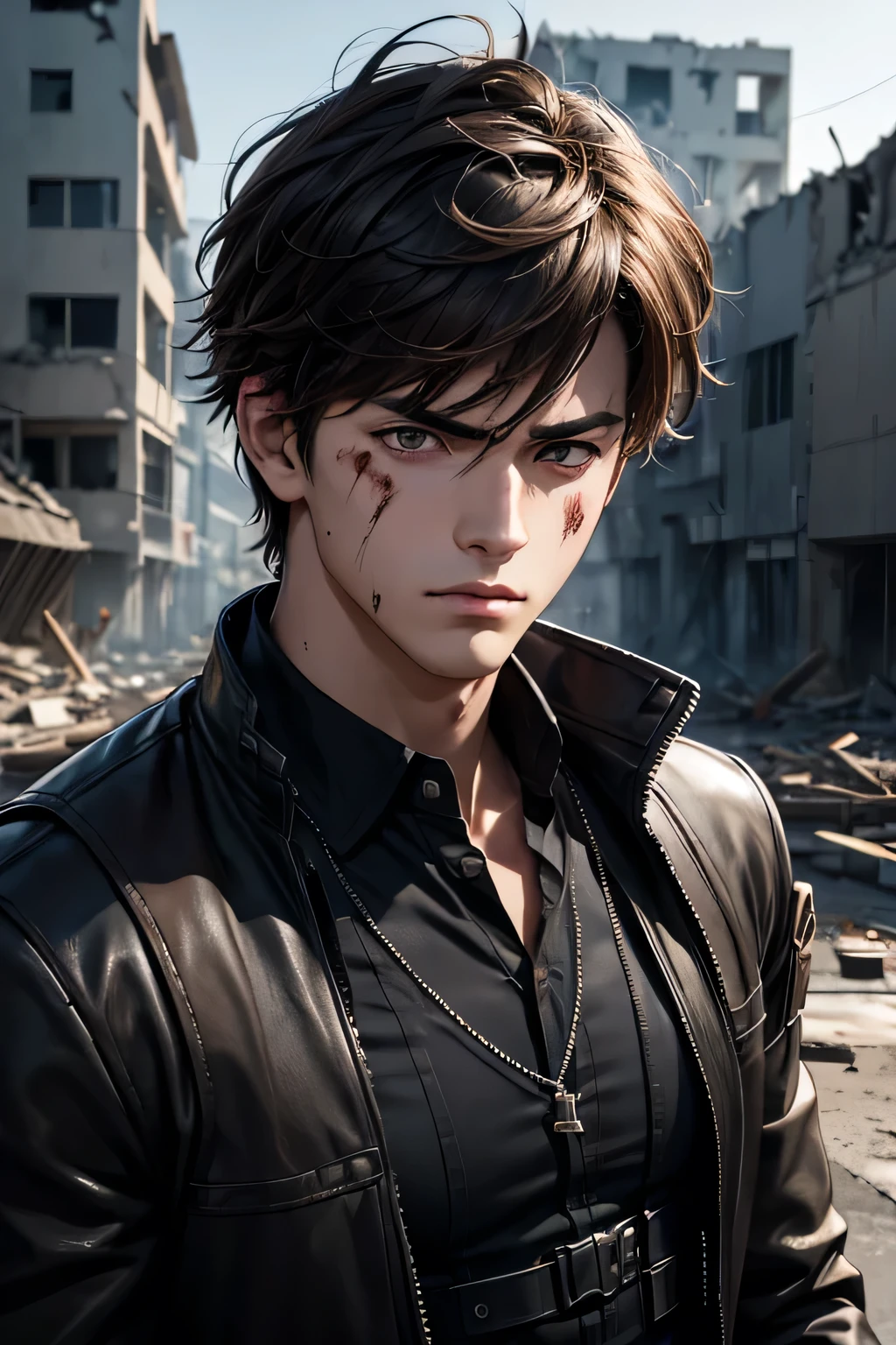 Realistic Anime style, Handsome boy, cool boy, serious face, torn Black shirt, White hairstyle, Several blood wounds on his face, Background of destroyed buildings