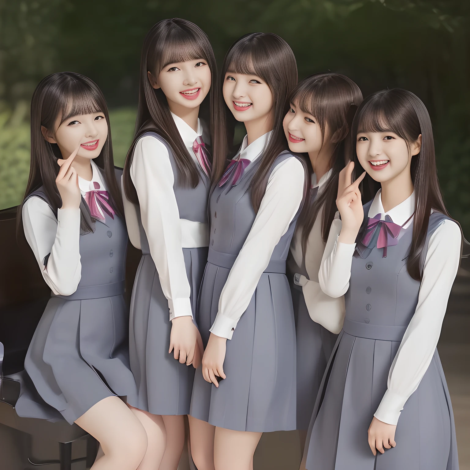(highest quality, masterpiece, high resolution:1.2), 4K, (Photo quality detailed foreground: 1.2), geometry, (Group of bewitching fascinating succubi closing to viewer. Group of Cute noble girly very-long-hair Japanese photo model are seated on a gorgeous lascivious piano and can't stop kissing the viewer and looking at the viewer with her too beautiful eyes like laughing fashion model: 1.3), (Using expensive face-whitening cosmetics to make her skin more beautiful and pure by professional makeup artist: 1.5), (devious girlish fascinating laughter in bliss, devious girlish pose: 2.0), Laughing cutely, ((Light-Gray) Japanese school girly vest Uniform with neat girly light-yellow short-sleeves school blouse, puffed short sleeves: 1.2), (white socks and school loafers, kicking back: 1.5), (Dark blue glossy glossy school ribbon on the breast: 1.0), (Extremely laughing cheeks: 1.8), (Beautiful light-amber large clear open eyes with balanced and detailed cutely: 1.4), (double eyelids: 1.0), (highly curled bangs: 1.2), (Expressing the greatest joy with her whole body: 1.2), (Glossy lips: 1.0), (too long very straight hair reaches her hips: 1.7), (cute earrings), (making the viewer crazy with her beautiful hands: 1.6), (white and clear skin: 1.0), (Laughing cute princess's eyes looking at me: 0.8), (Very shy, cute, slender, pretty, pretty, too girly & Girlish: National Beautiful Girl Grand Prix winners: 2.0)