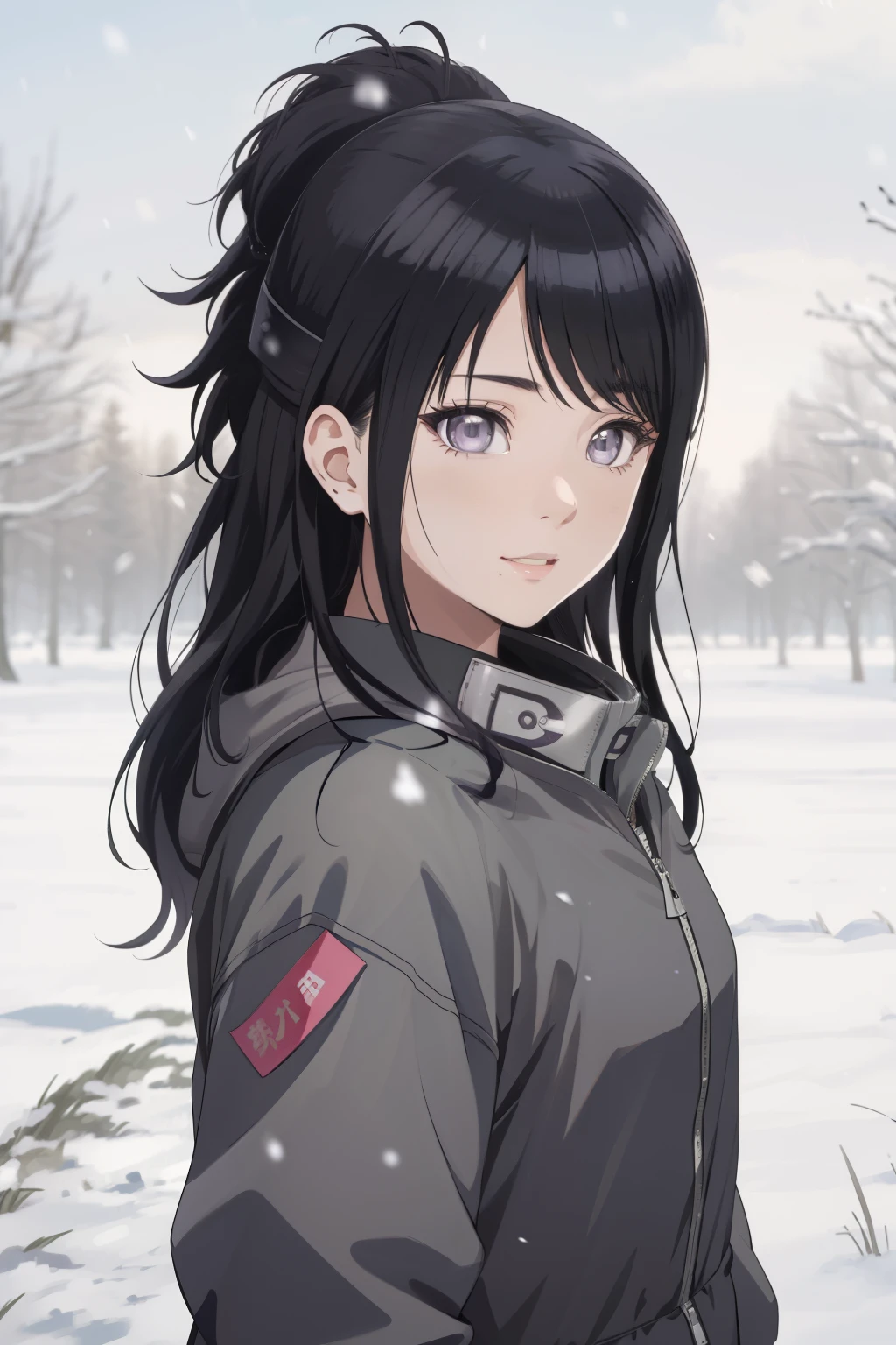 an hiperealistic shot of hinata(shippuden), ((hiori kazano)), idolmaster, Detailed eyes,  long hair, ponytail, half updo, hair ornament,, (sweet woman), manwha style, in a snowy field, happy, smilling, upbody, (best quality,Super precise depiction)