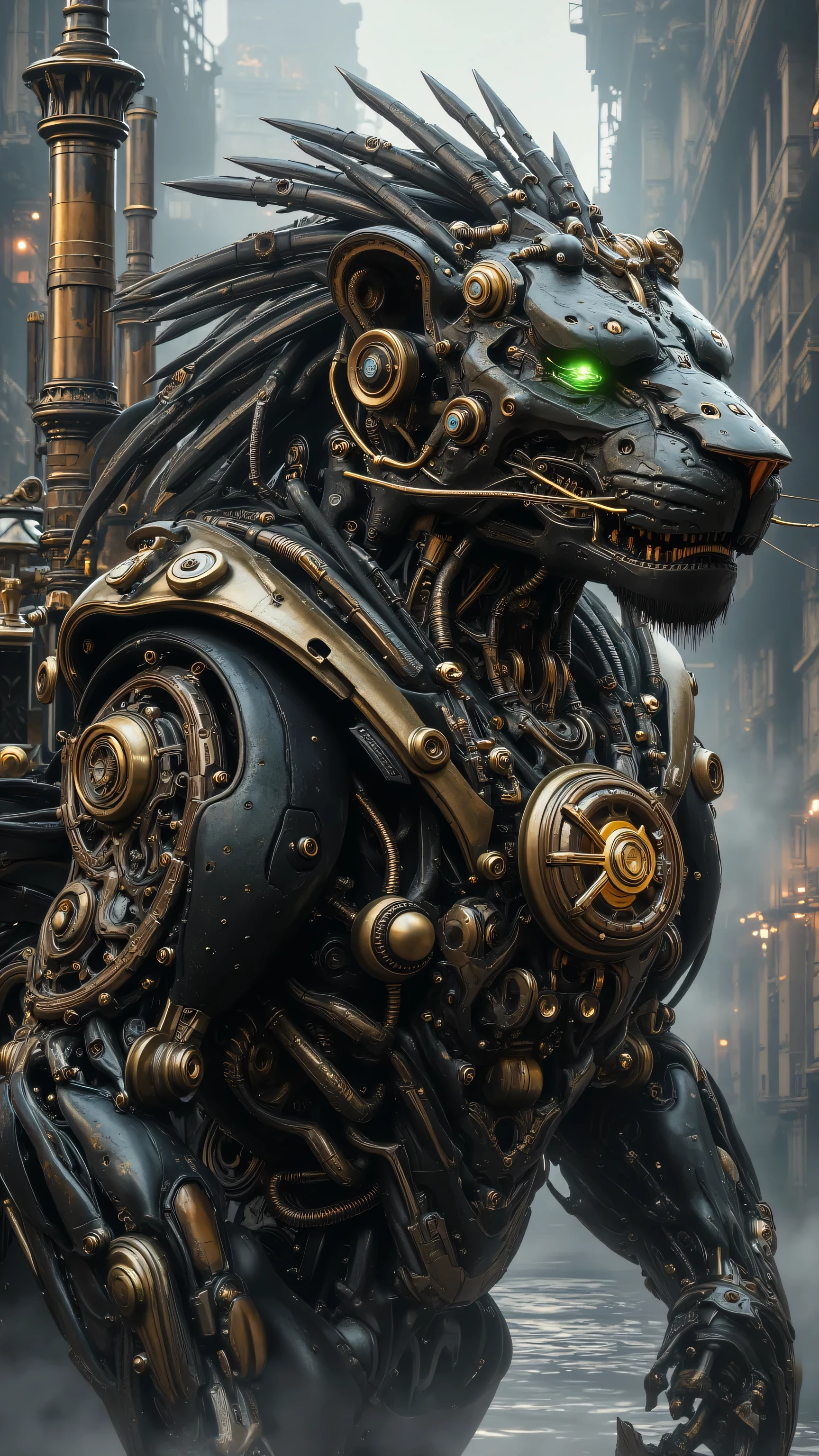 A steampunk-inspired lion-truck hybrid robot with intricate brass gears and steam vents. The lion's head features glowing emerald eyes and a mechanical mane made of rotating cogs, while the truck body is adorned with vintage pipes and smokestacks. It roams through a foggy neo-Victorian cityscape, leaving trails of golden steam behind.