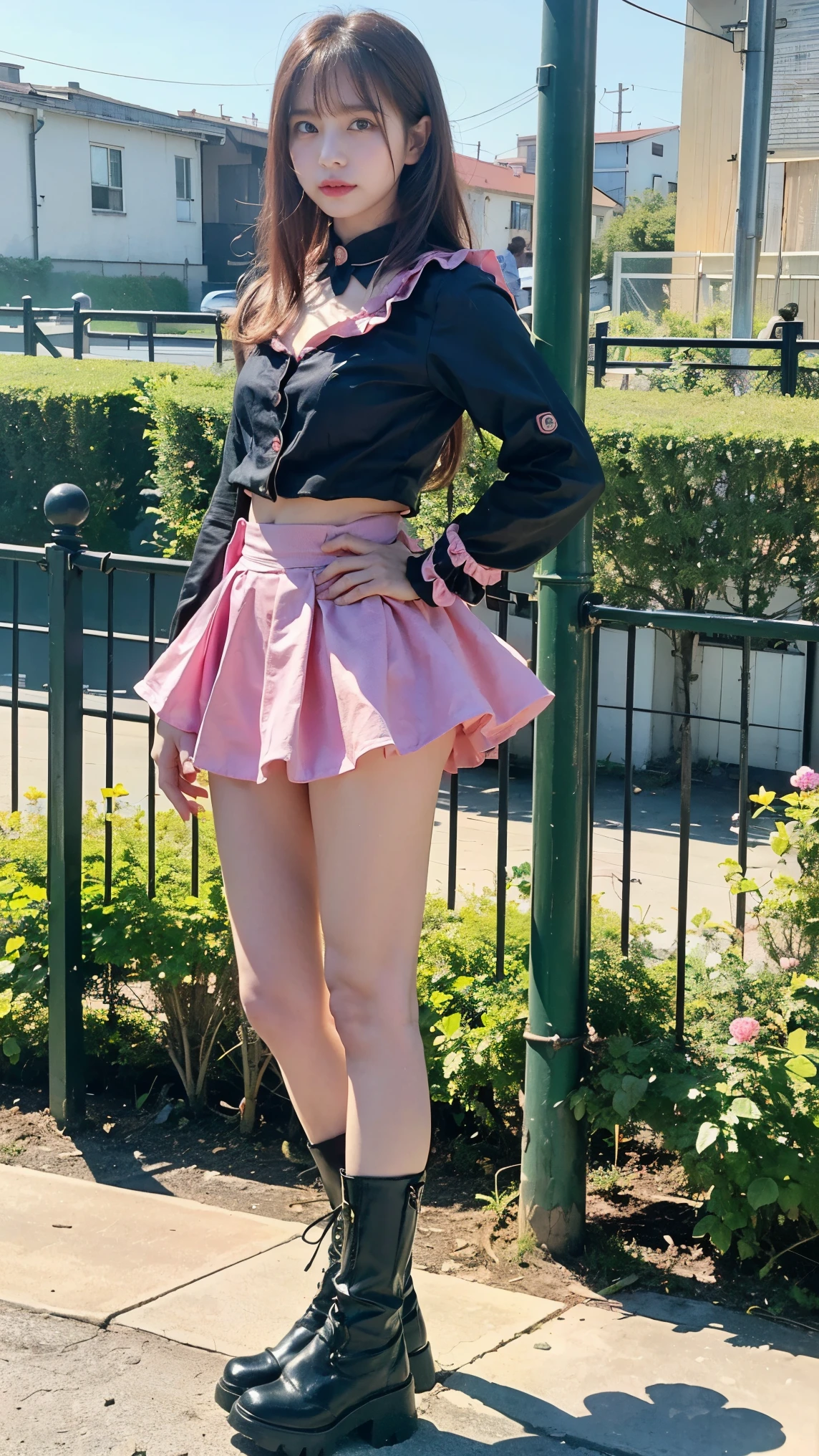 ((skirt lift:1.3)),((Pink Platinum Hair:1.15)),((panty shot:1.3)),(((Japan gal style makeup:0.8))),gold necklace, gold bracelet, gold belt, {{Low-rise skirt with slit}}, plaid pleated skirt, {{{へそ length white shirt}}}, {{{{Shirt tied under the chest:1.3}}}}, socks, 1 girl,(highest quality,4k,8K,High resolution,masterpiece:1.2),1 beautiful woman,18-year-old,35mm lens,f/1,soft sunlight,bright colors,playful expression