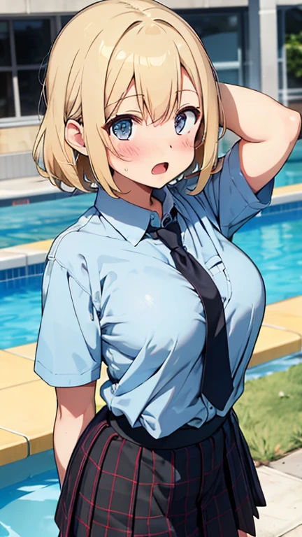 high quality, girl, young policewoman, police uniform, underboob, shirt, flirtatious, sexy, looks at the viewer, city at night in the background, blonde, (nsfw: 1.4)