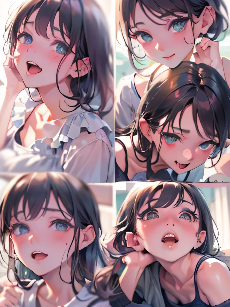 Top Masterpieces、 1 beautiful woman、aldult、My girlfriend's sister 、face close up, shot from above、Female student in plain clothes 、clavicle、fog、 Diabolical Smile、Taunt、blush、sweat、slouch、Crouch in front of the viewer、Blowjob,Look up at the deep throat viewer、 Simple Background
