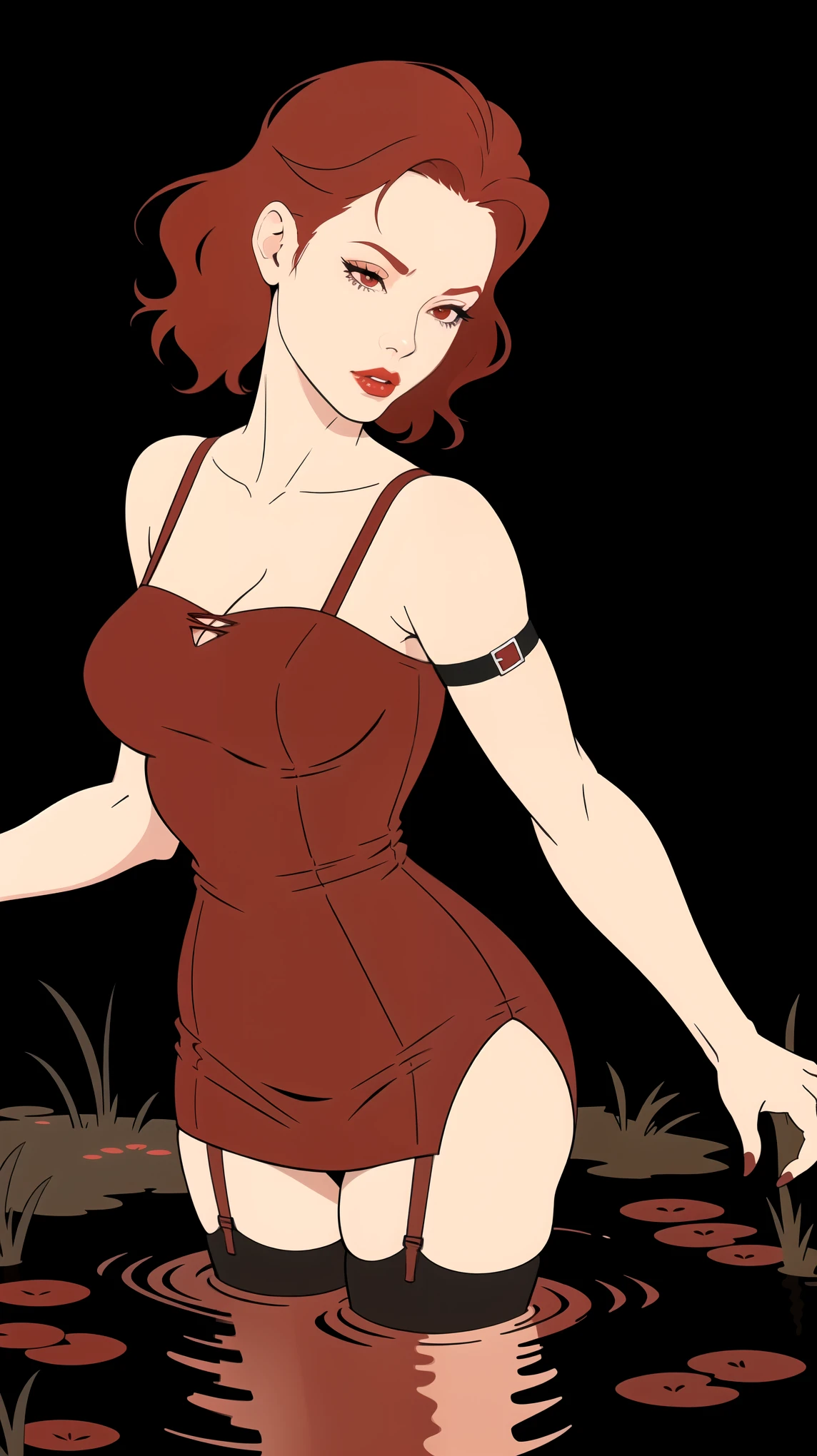 mature woman red-haired, simple vector illustration, standing, tight dress with straps, nylon stockings with garters, drowning in tiny bog, close-up, artistic composition, red lips, black background,